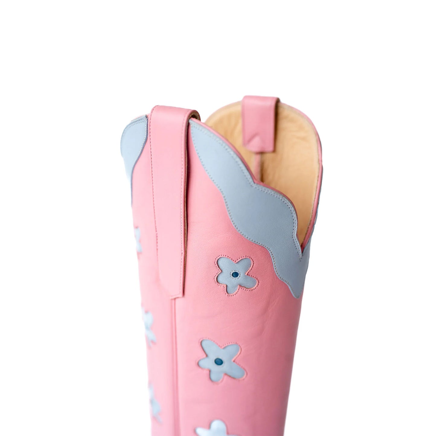 Pink Almond-Toe Powder Blue Flowers Inlay Wide Calf Knee High Cowgirl Boots