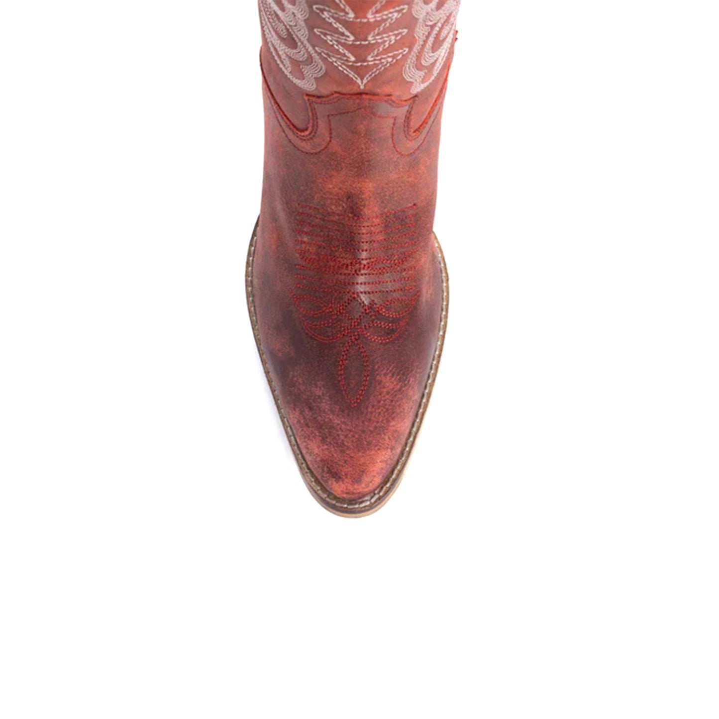 Distressed Red Almond-Toe Curled Embroidery Full-Zip Knee High Cowgirl Boots