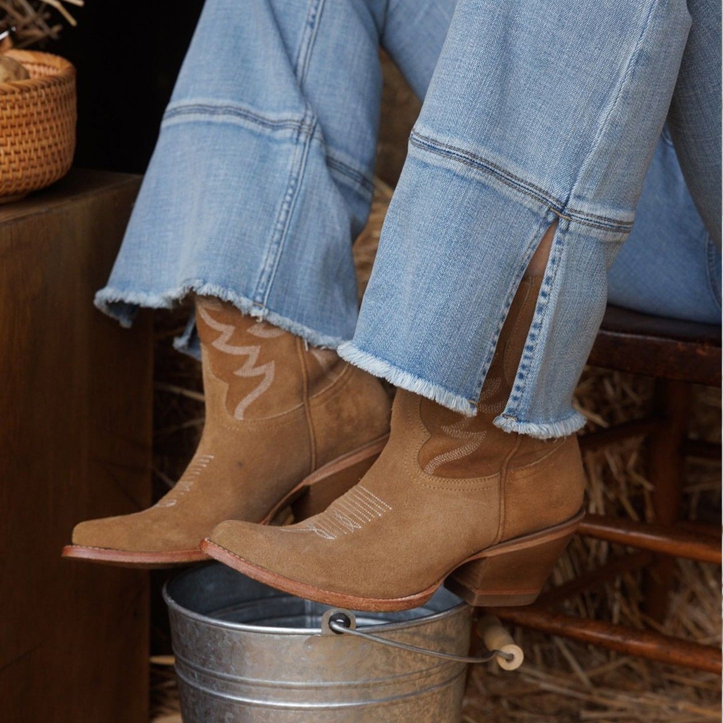Tan Faux Suede Almond-Toe Embroidery Ankle Cowgirl Boots