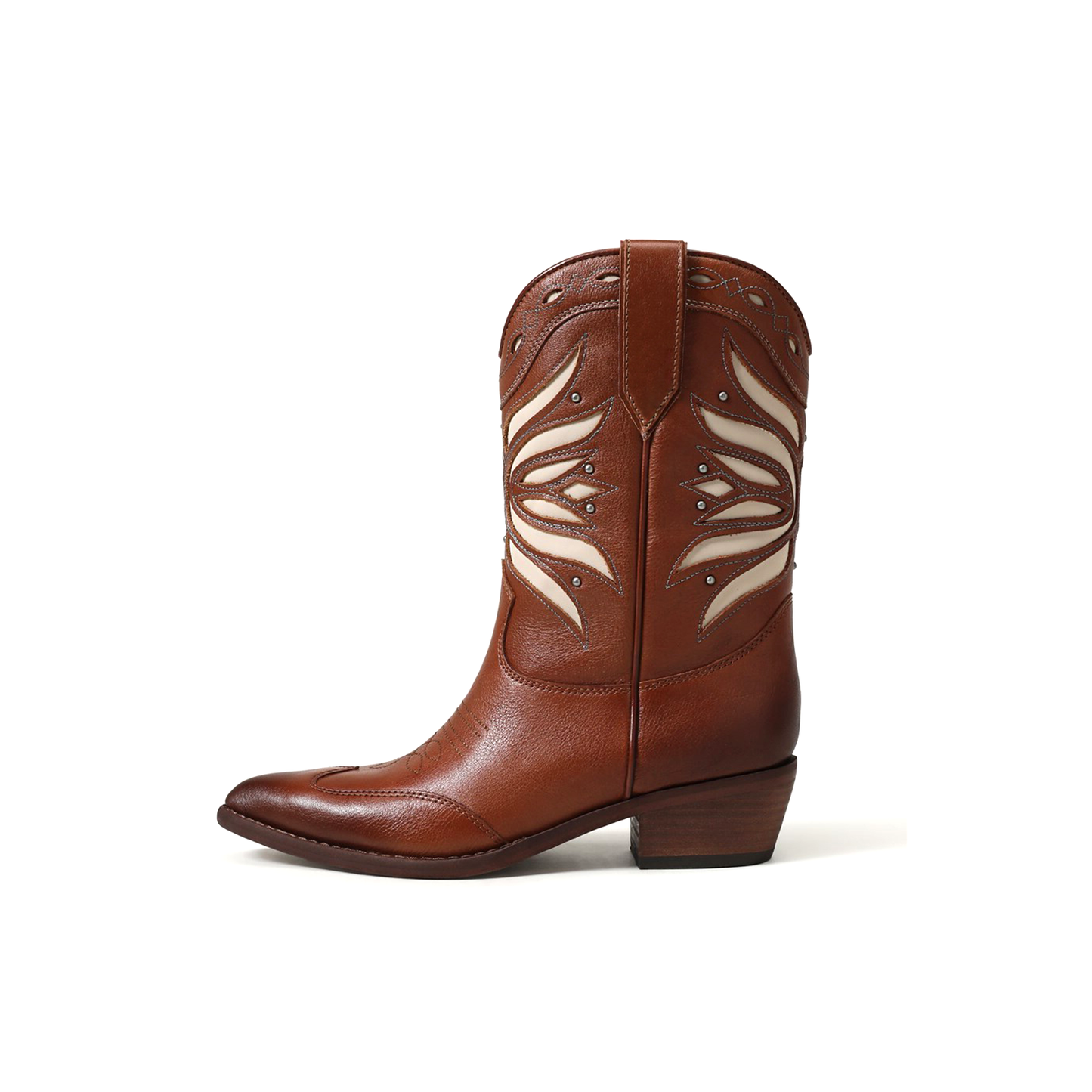 Brown Pointed-Toe Inlays Studded Mid Calf Cowgirl Boots