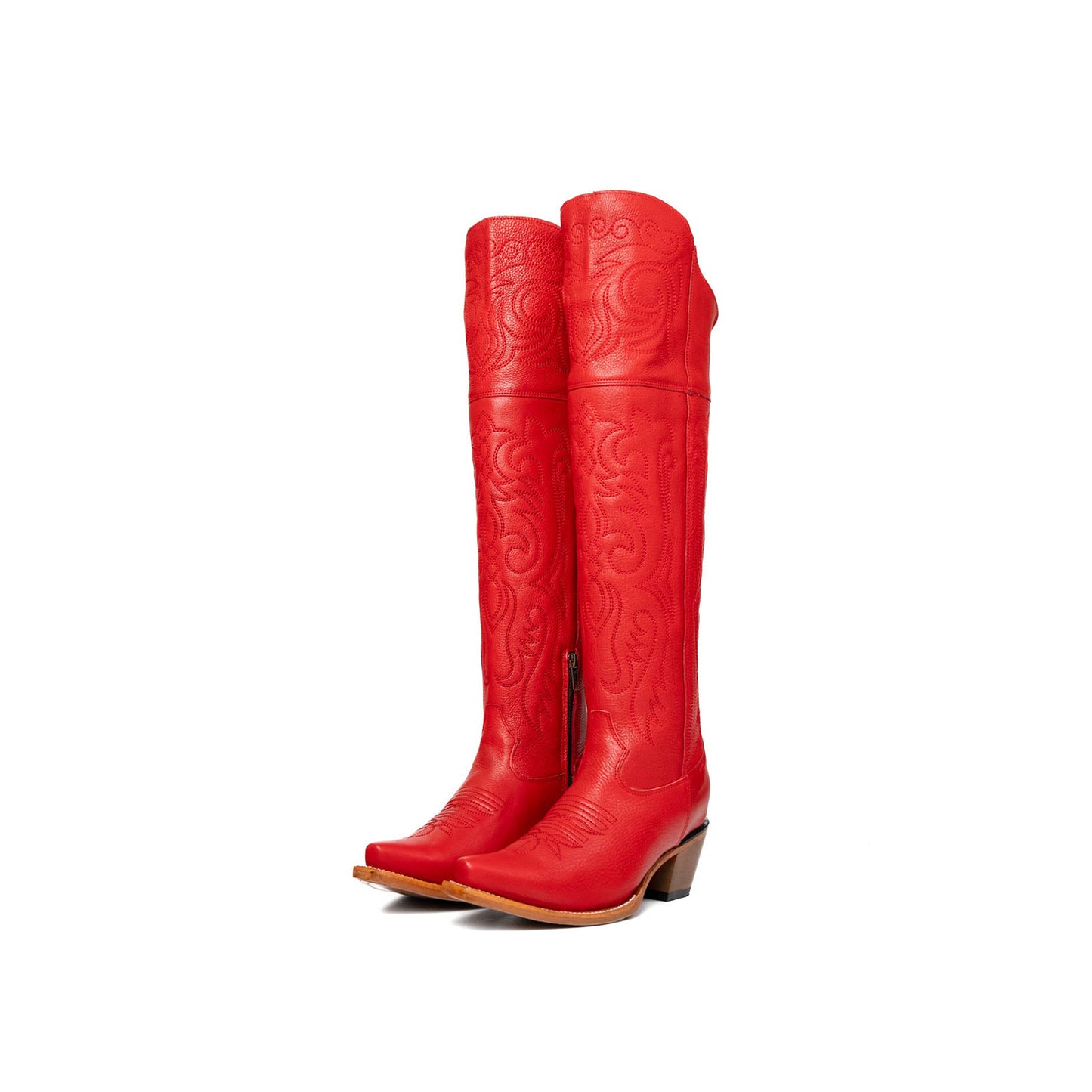 Red Snip-Toe Classic Embroidery Half-Zip Over-The-Knee Cowgirl Boots
