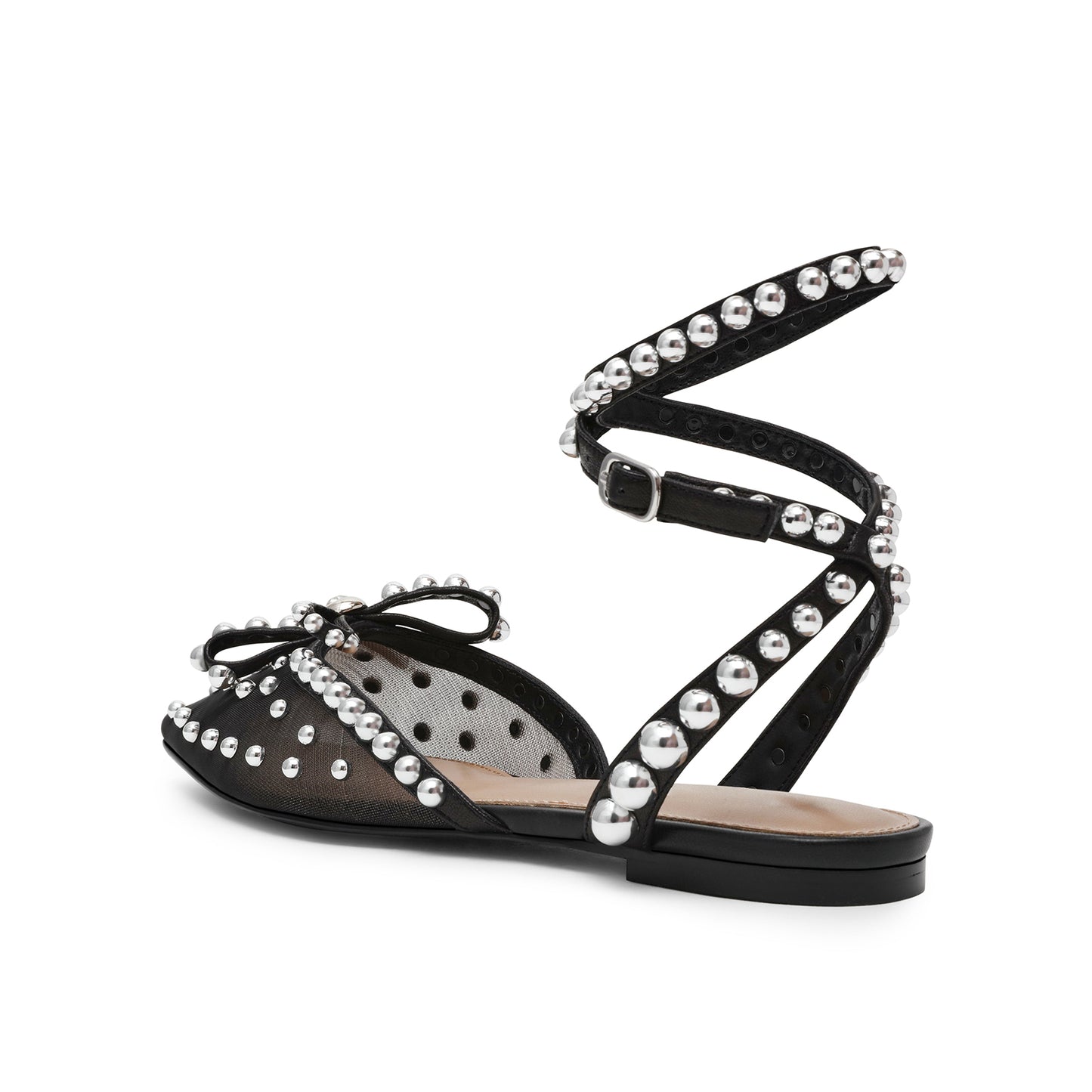 Black Mesh Pointed-Toe Full Studs Front Bow Slingback Ankle Strap Flats