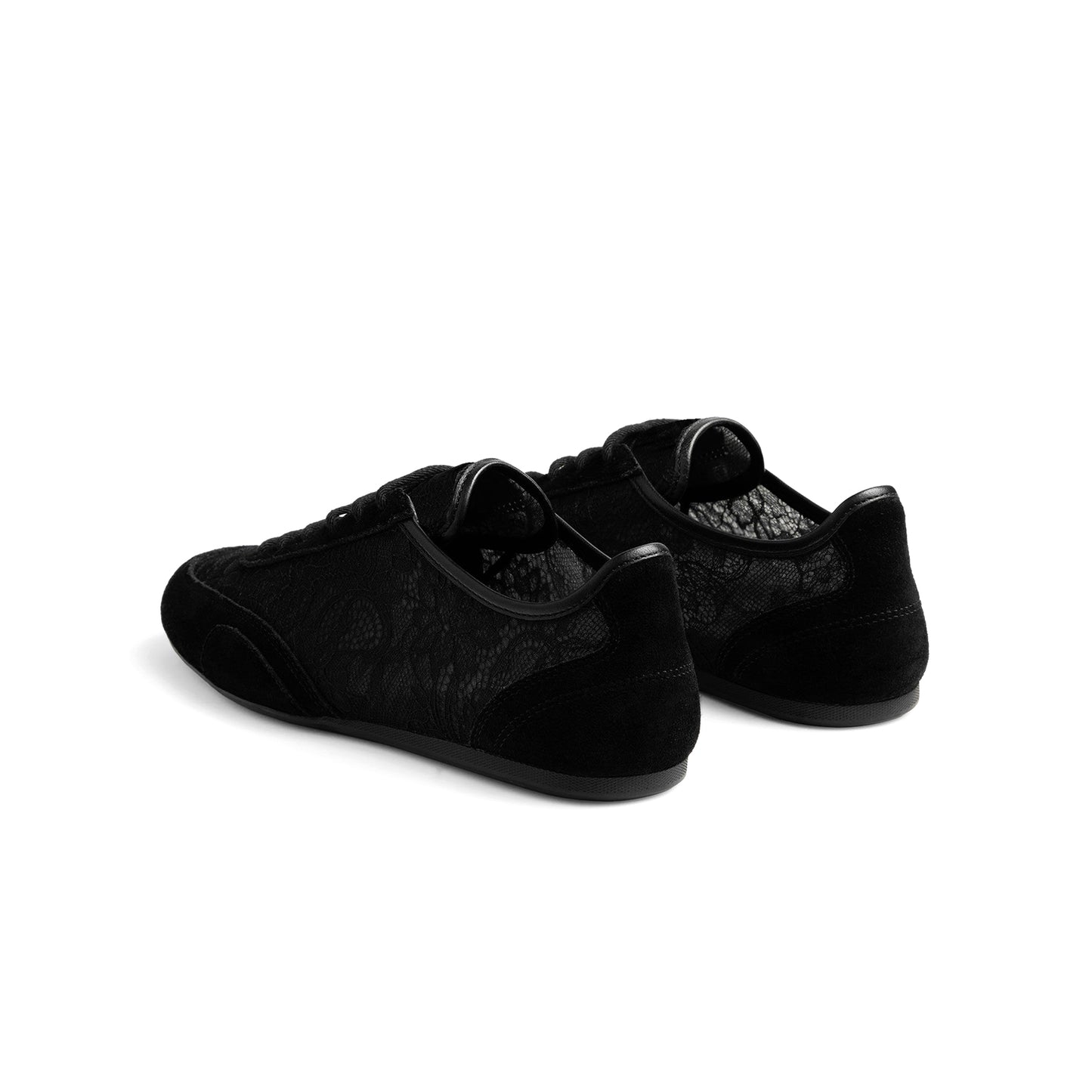Black Faux Suede And Lace Mesh Round-Toe Lace-Up Sneakers Flats