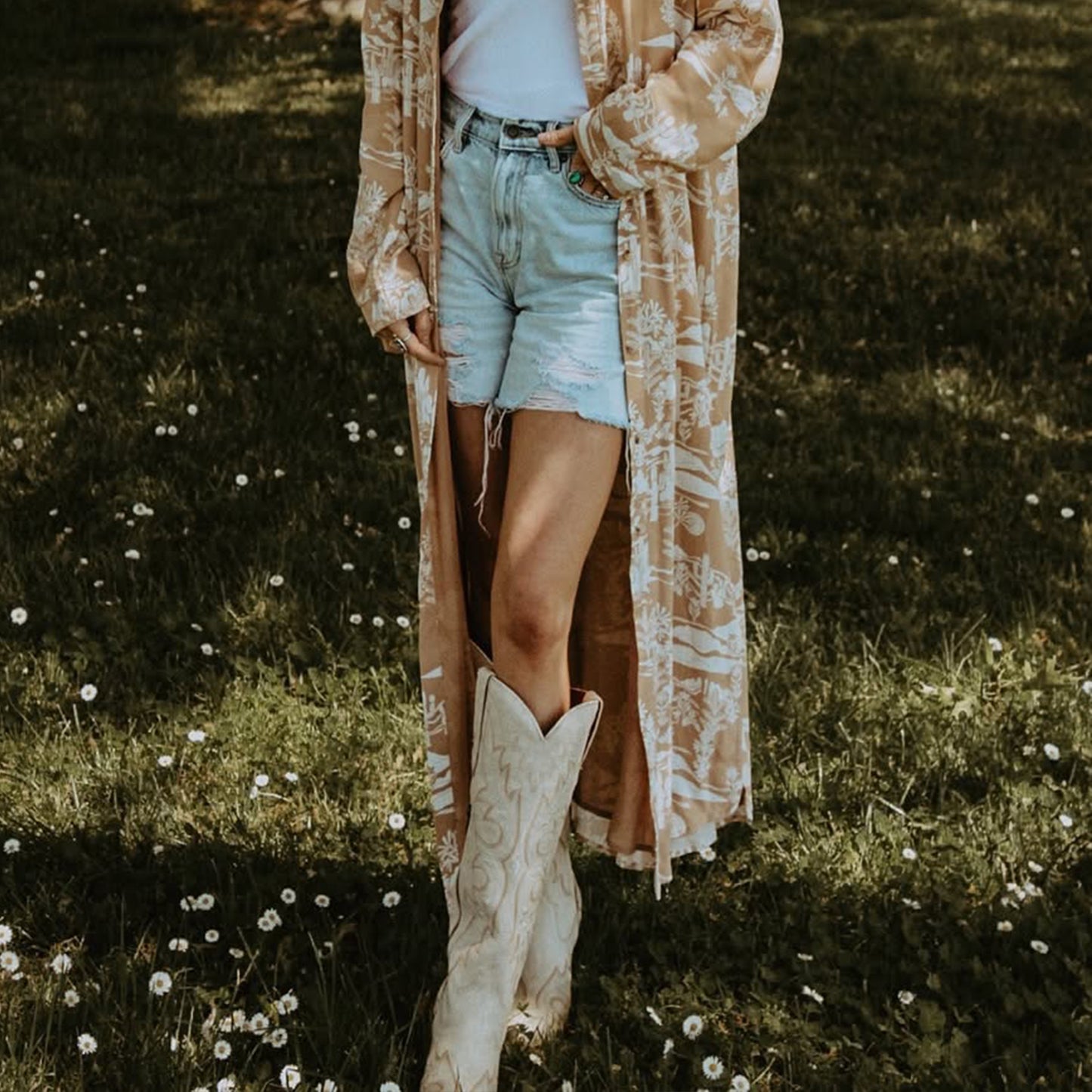 Ivory Snip-Toe Chic Embroidery Half-Zip Knee High Cowgirl Boots