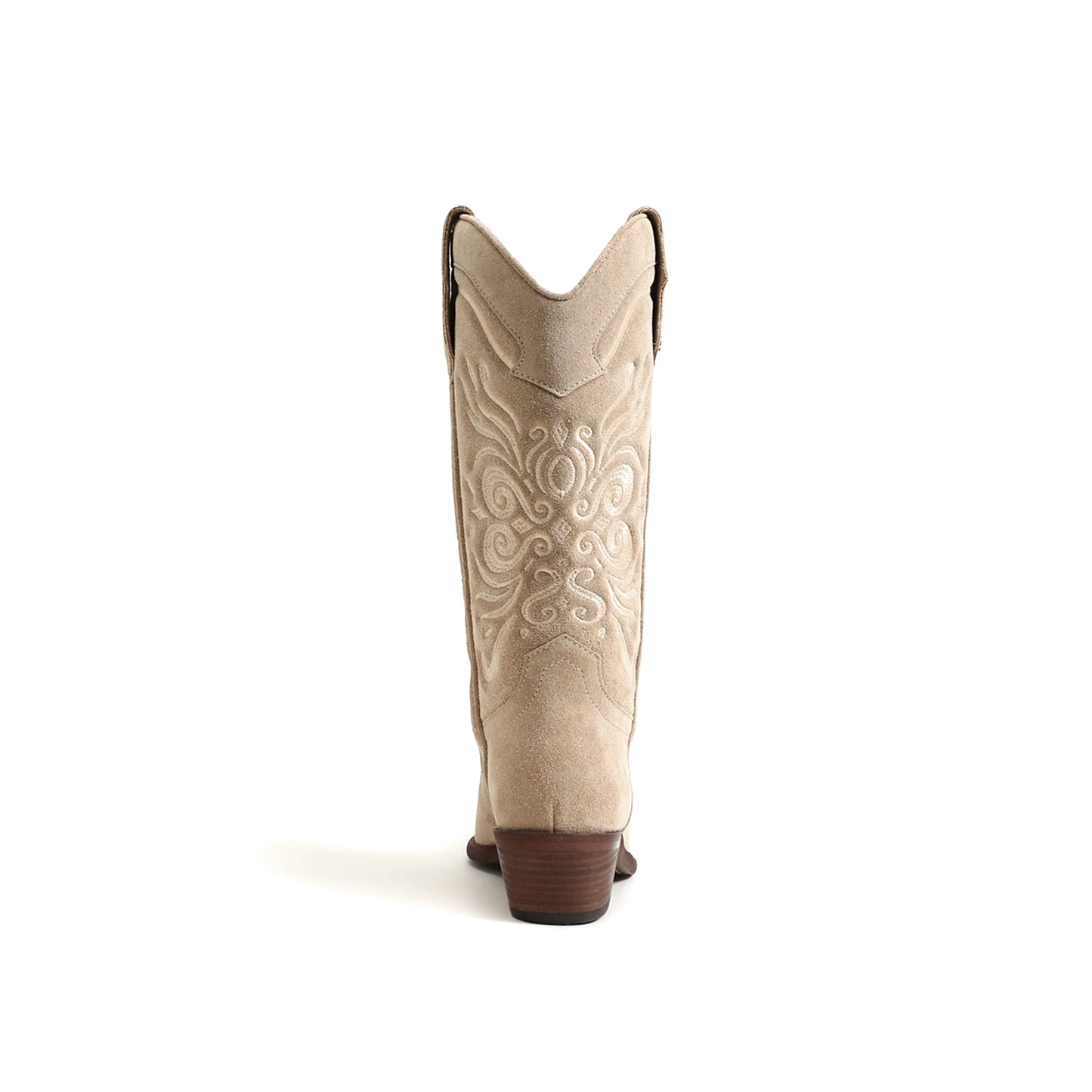Bone Faux Suede Pointed-Toe Chic Embroidery Mid Calf Cowgirl Boots