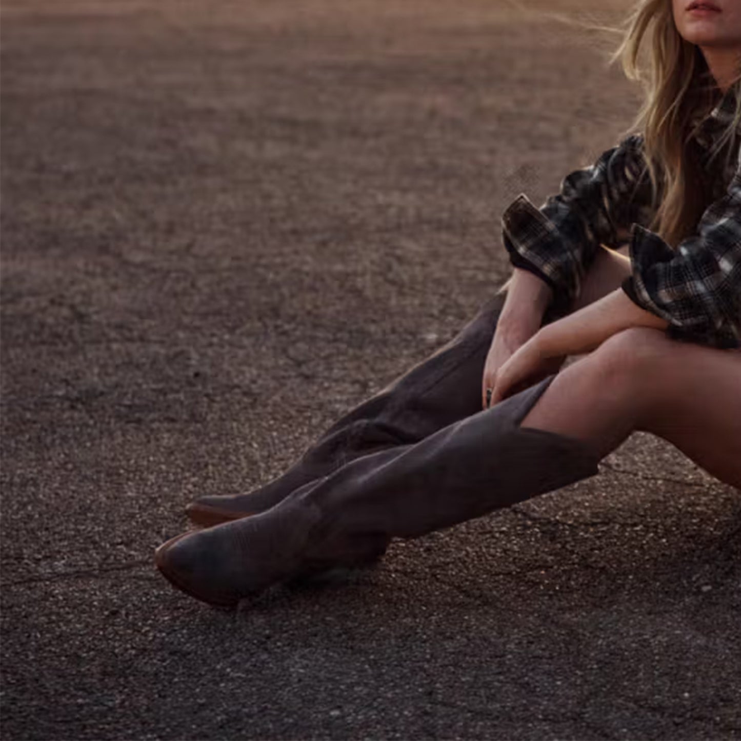 Charcoal Faux Suede Almond-Toe Embroidery Wide Calf Knee High Cowgirl Boots