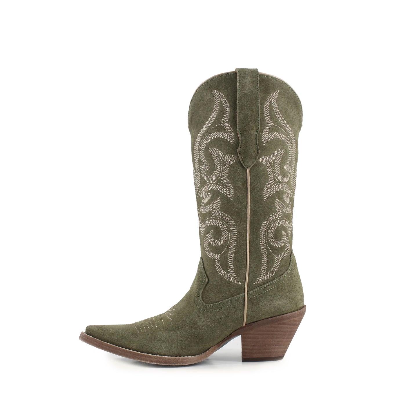 Green Faux Suede Snip-Toe Mid Calf Embroidery Cowgirl Boots