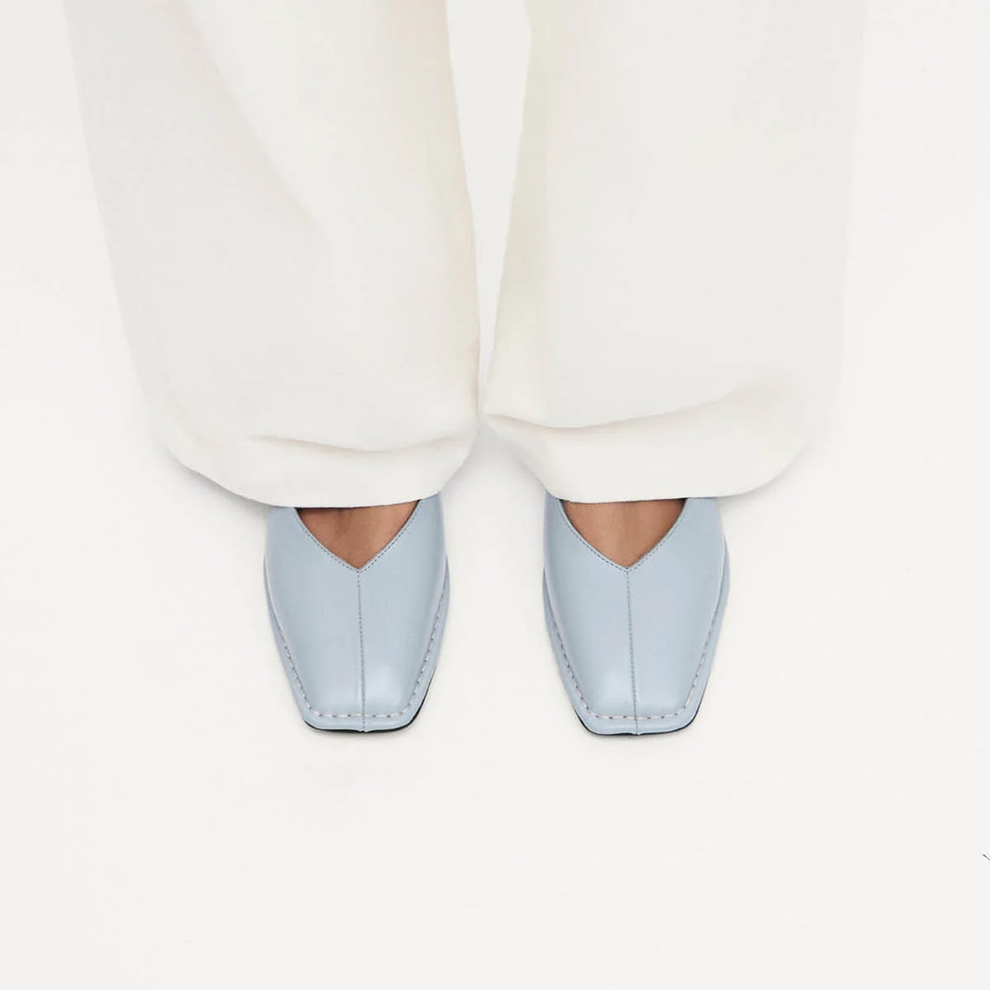 Blue Square-Toe V-Cut Vamps Bridge Self-Tie Bow Ballet Flats