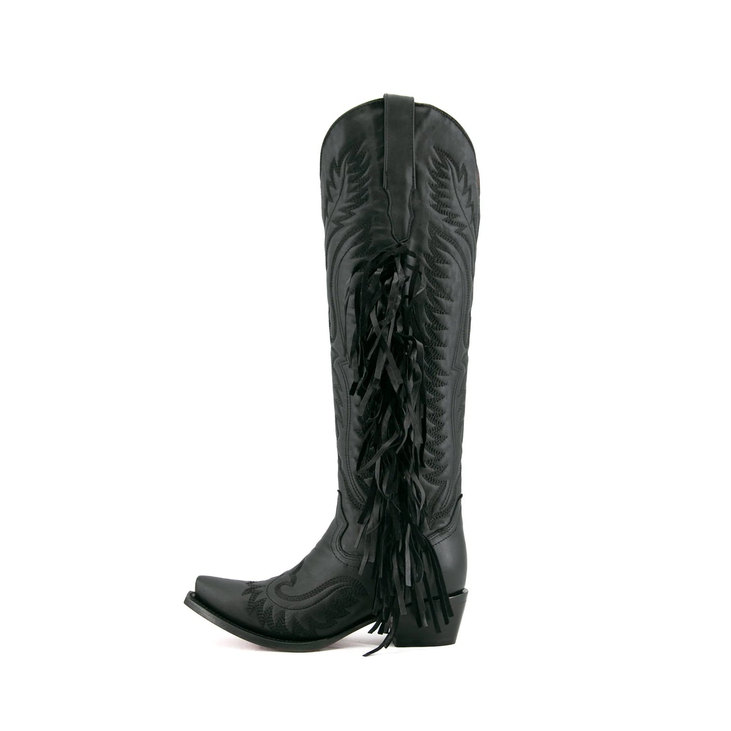 Black Snip-Toe Embroidery Side Fringe Half-Zip Knee High Cowgirl Boots