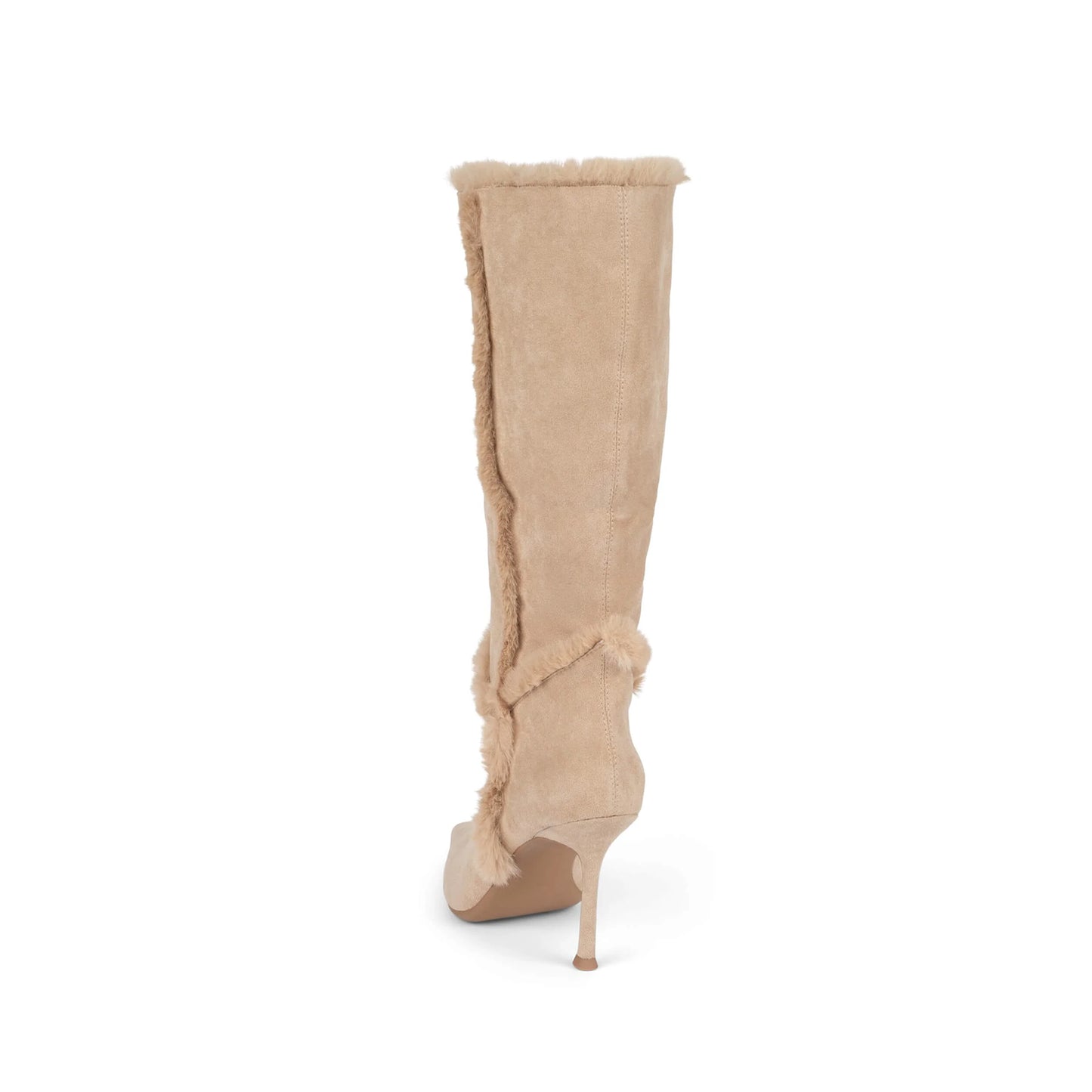 Beige Faux Suede Pointed-Toe Plush Fold-Over Knee High Stiletto Boots