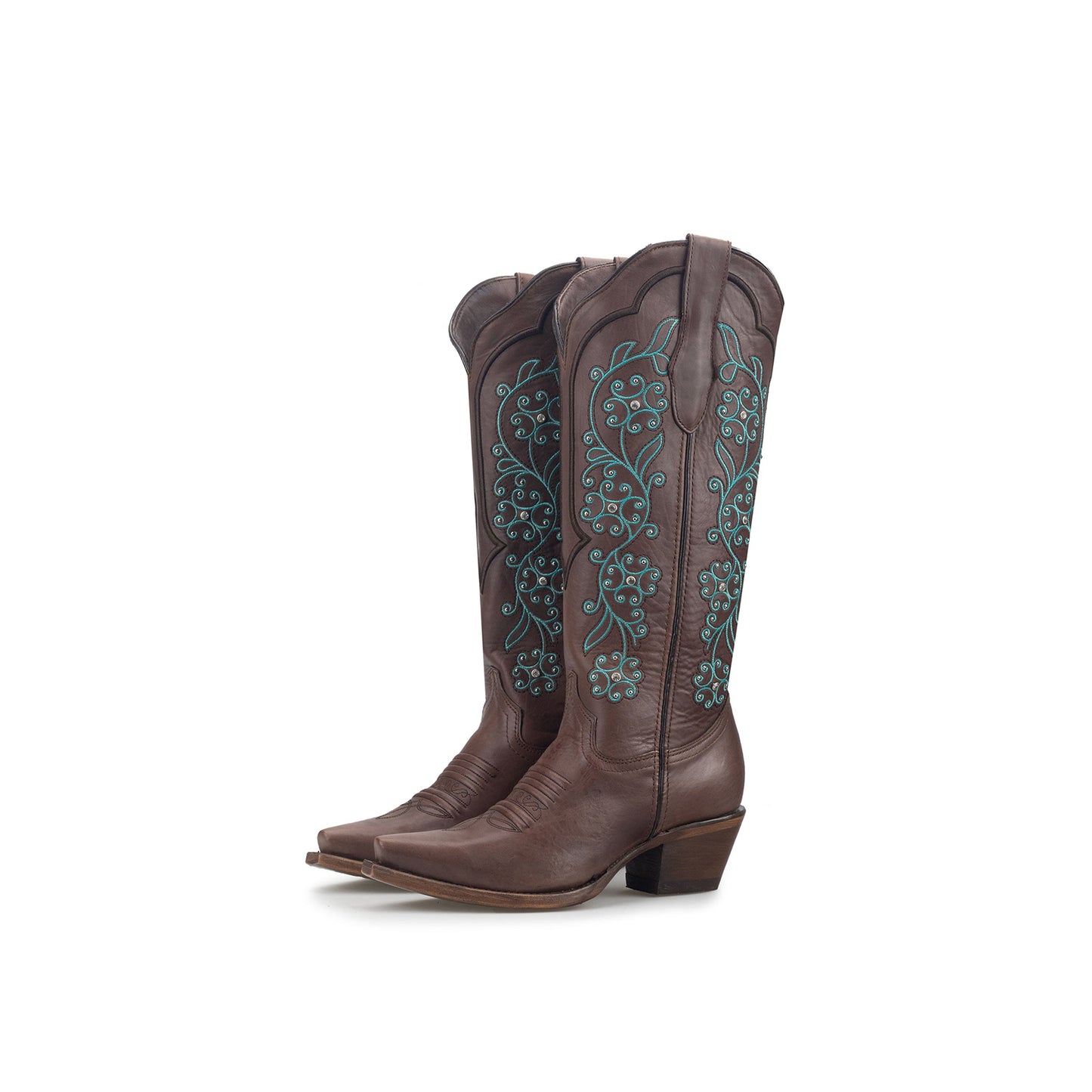 Brown Snip-Toe Embroidery Rhinestone Studs Half-Zip Knee High Cowgirl Boots