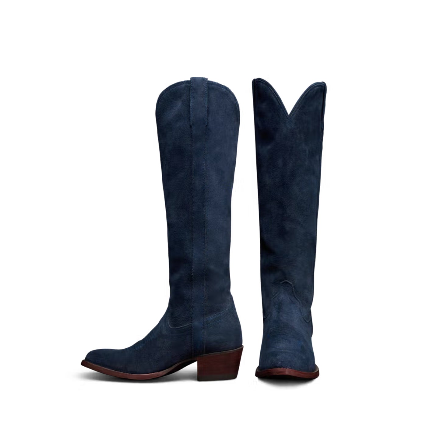 Navy Blue Faux Suede Almond-Toe Embroidery Wide Calf Knee High Cowgirl Boots