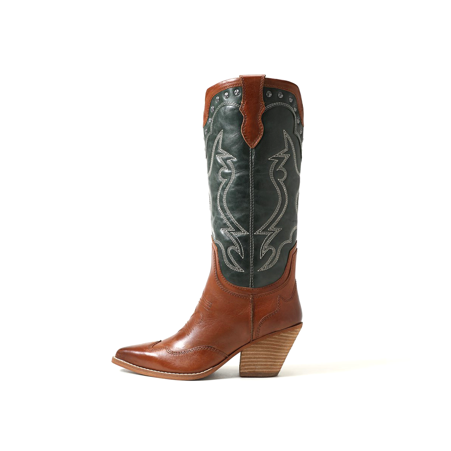 Contrast Green And Copper Pointed-Toe Embroidery Wide Calf Knee High Cowgirl Boots