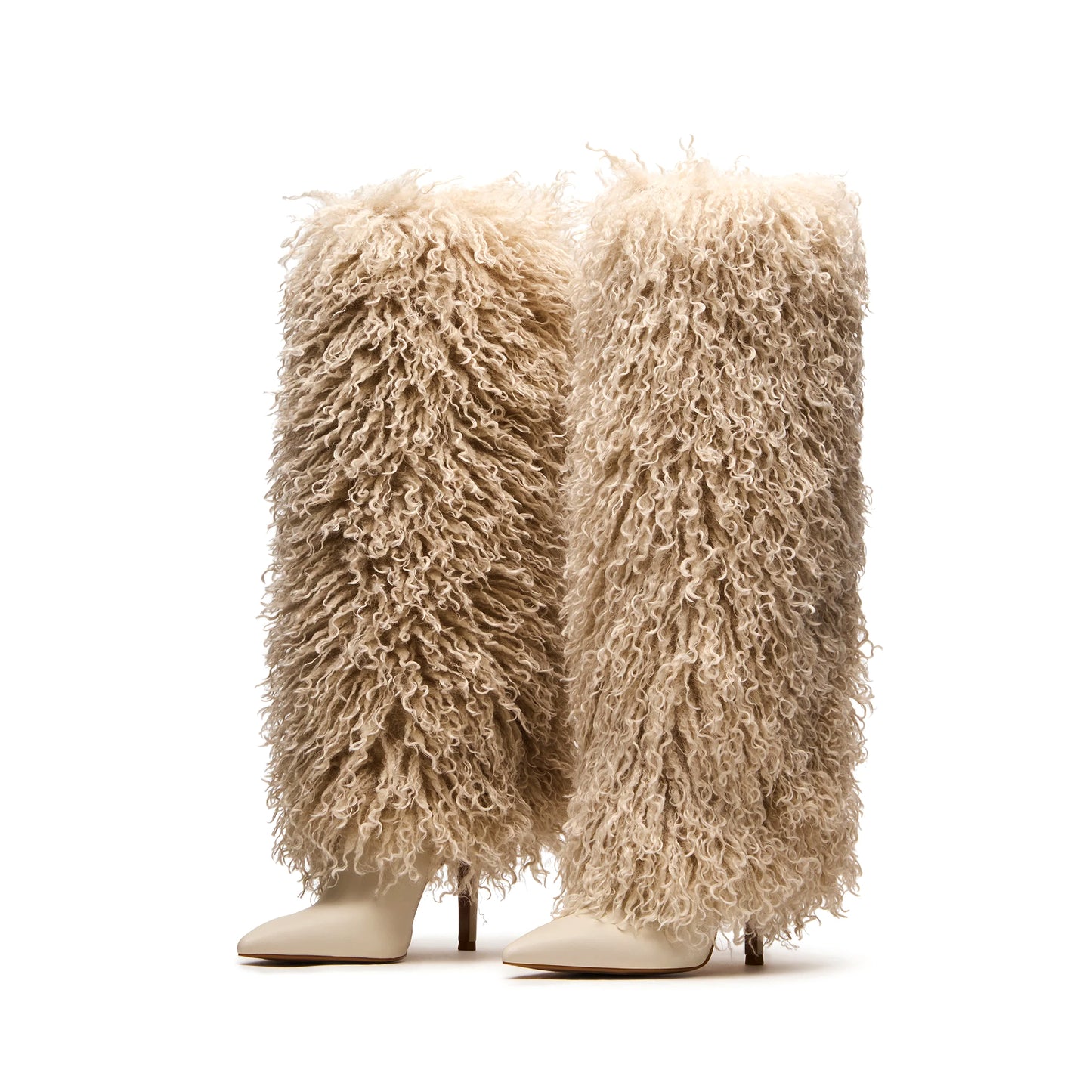 Beige Pointed-Toe Full Plush Wide Calf Knee High Stiletto Boots