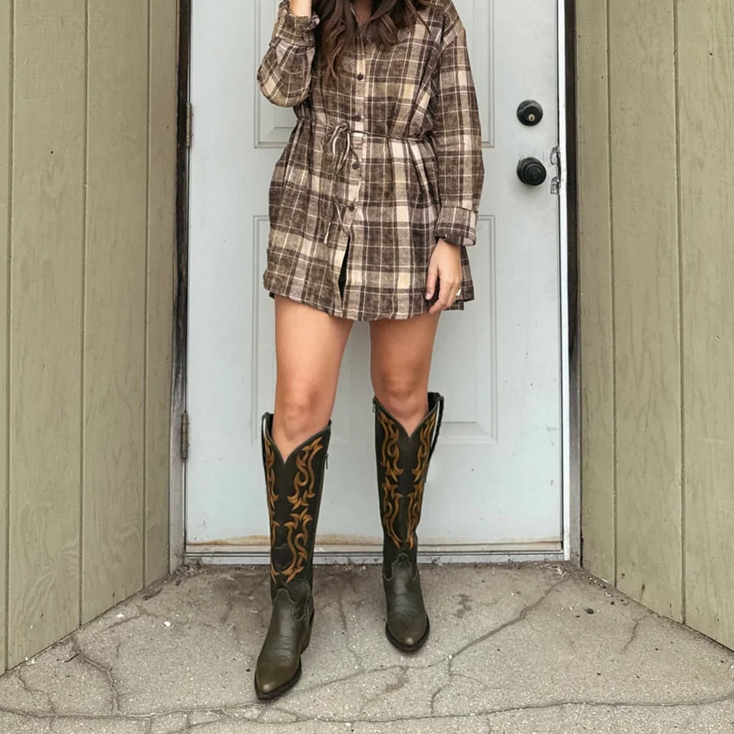 Olive Green Pointed-Toe Embroidery Full-Zip Knee High Cowgirl Boots