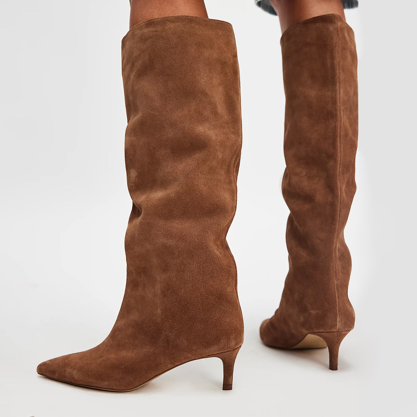 Tan Faux Suede Pointed-Toe Wide Calf Knee High Stiletto Boots