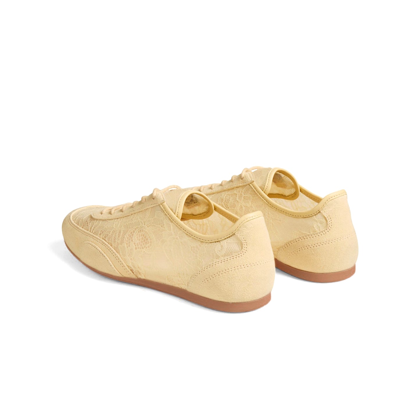 Yellow Faux Suede And Lace Mesh Round-Toe Lace-Up Sneakers Flats