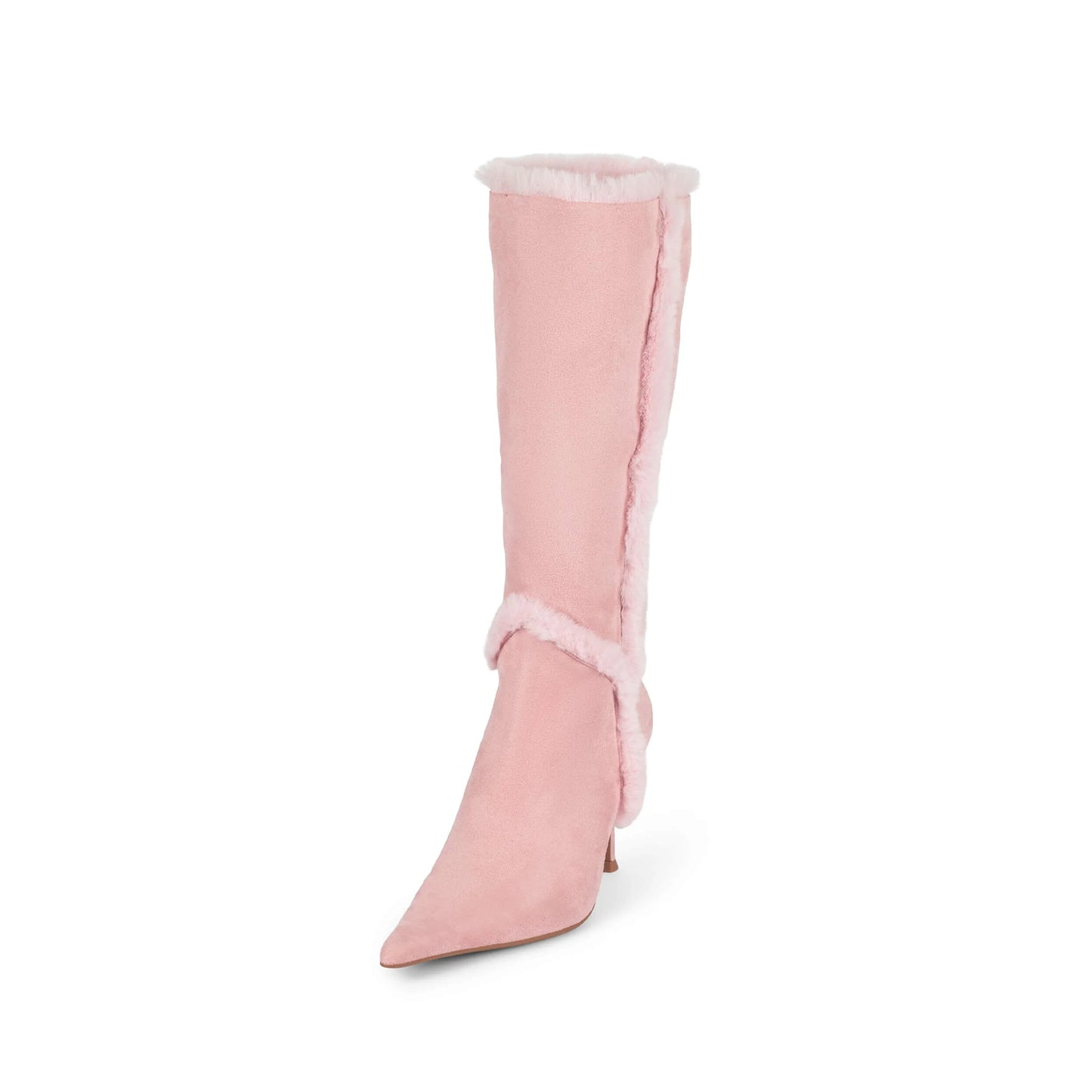 Pink Faux Suede Pointed-Toe Plush Fold-Over Knee High Stiletto Boots
