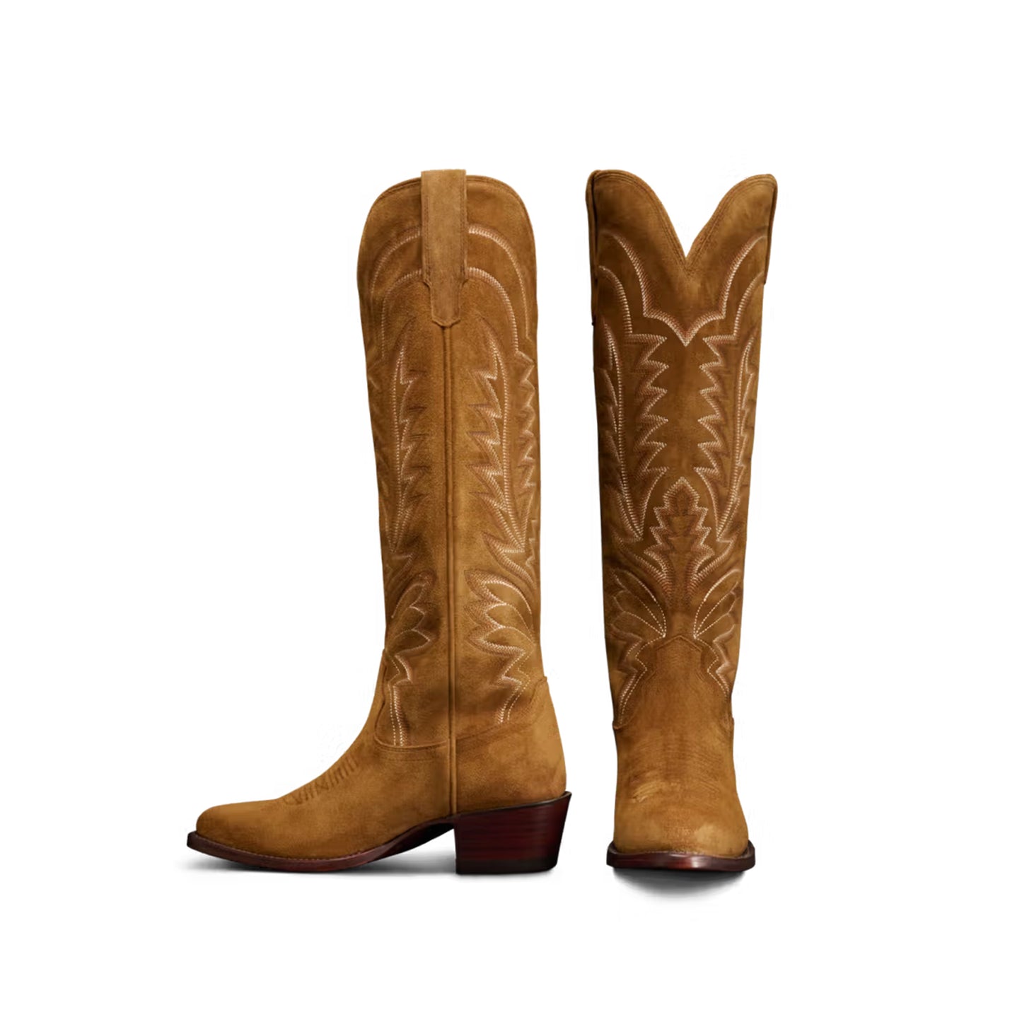 Brown Faux Suede Almond-Toe Embroidery Wide Calf Knee High Cowgirl Boots