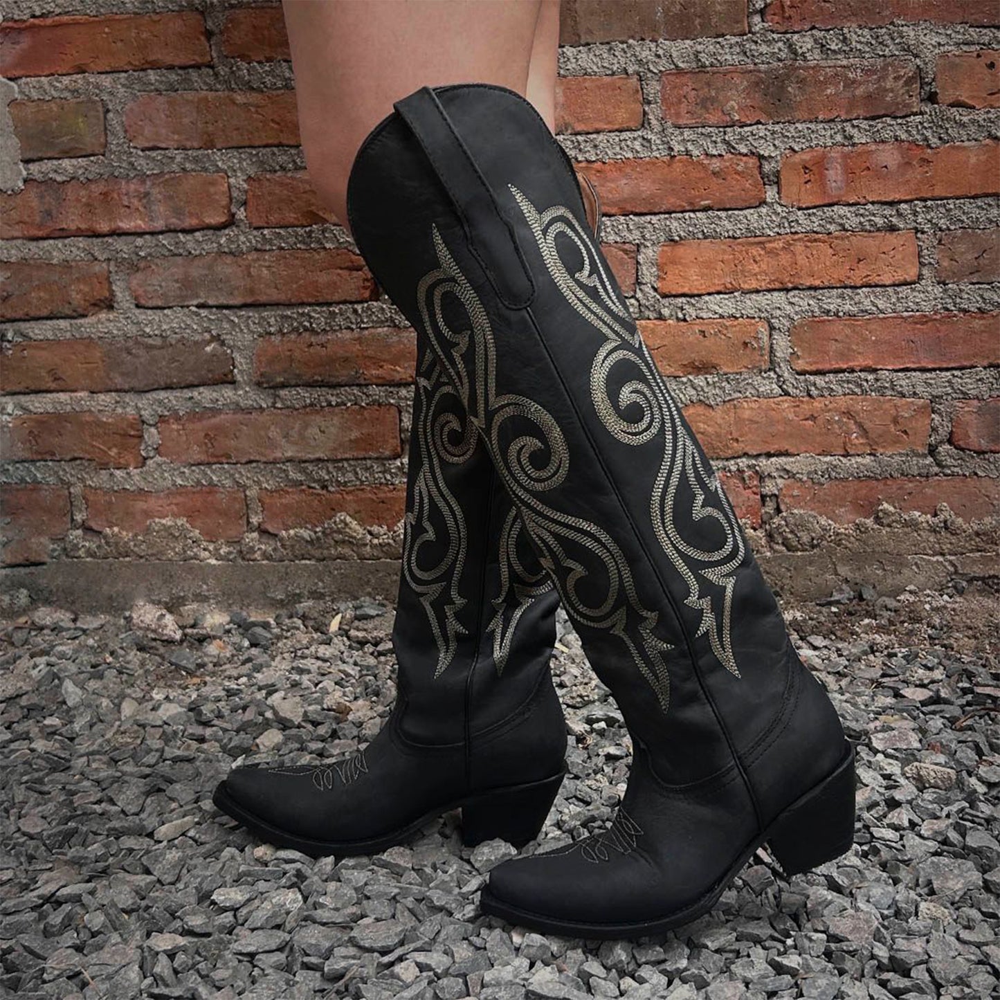 Black Snip-Toe Classic Embroidery Wide Calf Knee High Tall Cowgirl Boots