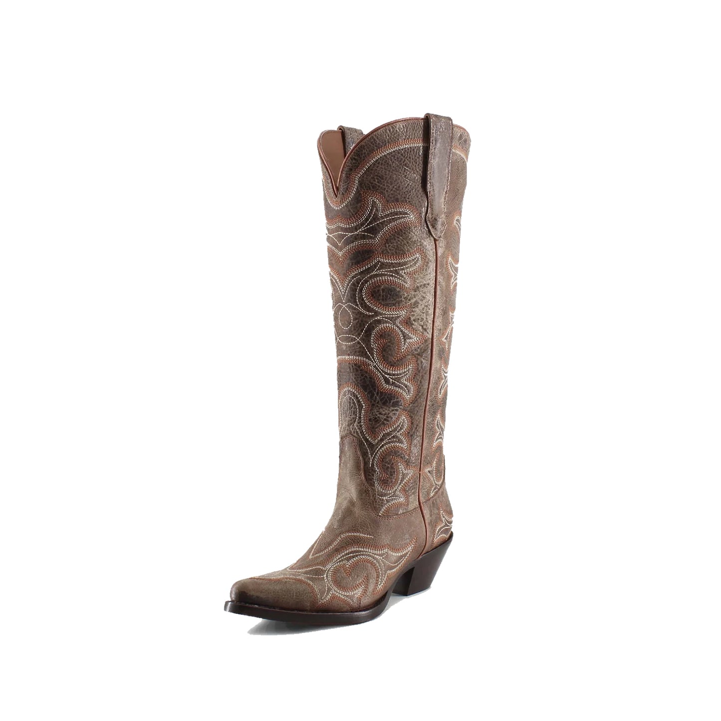 Distressed Brown Snip-Toe Wide Calf Embroidery Knee High Cowgirl Boots