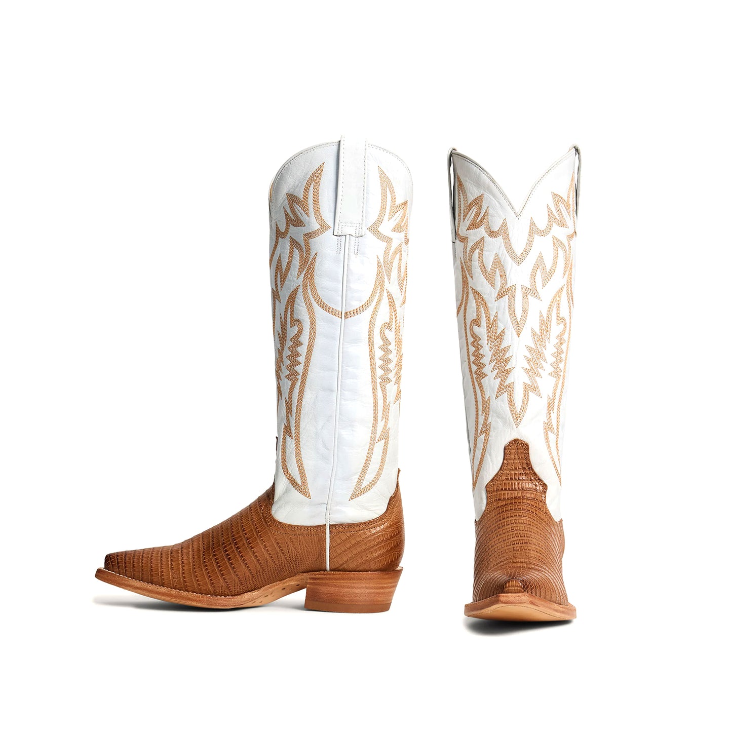 Contrast White And Tan Snip-Toe Embroidery Wide Calf Knee High Cowgirl Boots