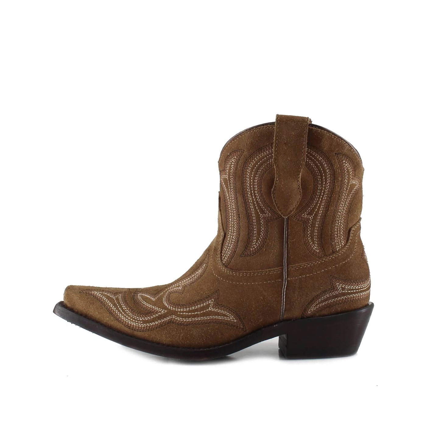 Dark Gold Faux Suede Snip-Toe Embroidery Ankle Cowgirl Boots