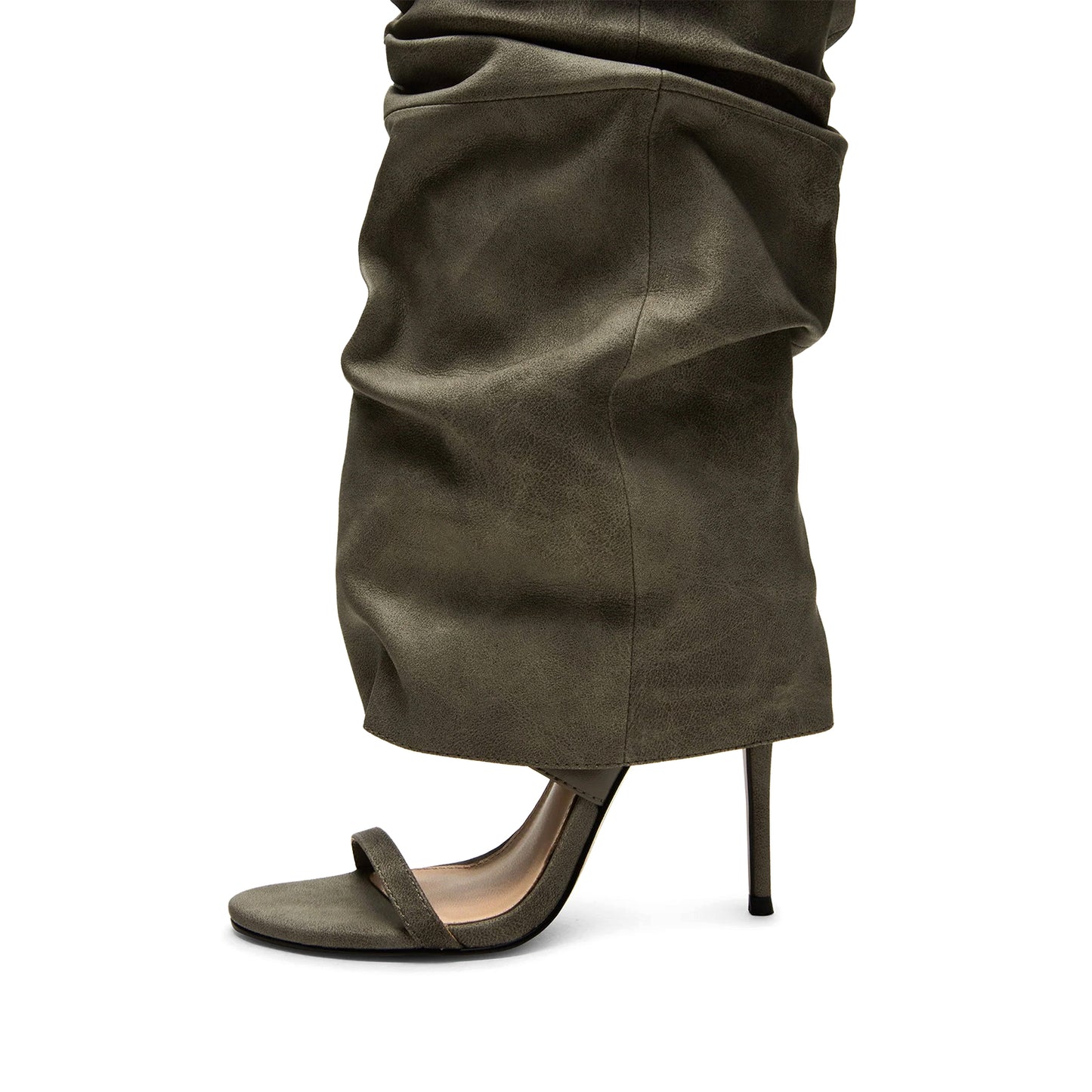 Gray Open Round-Toe Fold-Over Wide Calf Knee High Stiletto Boots