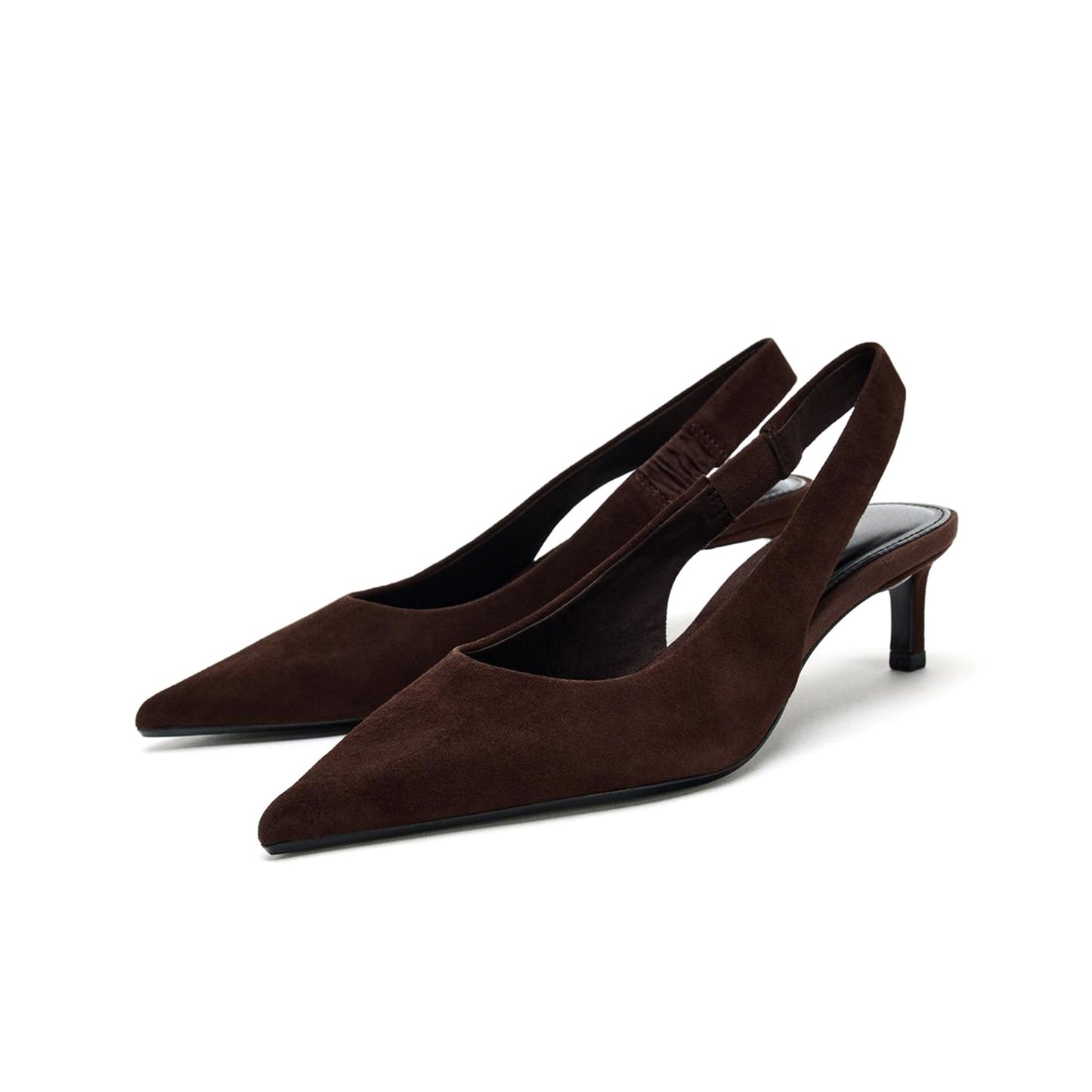 Chocolate Faux Suede Pointed-Toe Slingback Kitten Heels