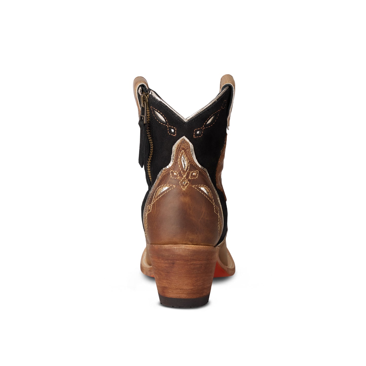 Contrast Brown And Black Faux Suede Snip-Toe Horse Embroidery Full-Zip Ankle Cowgirl Boots
