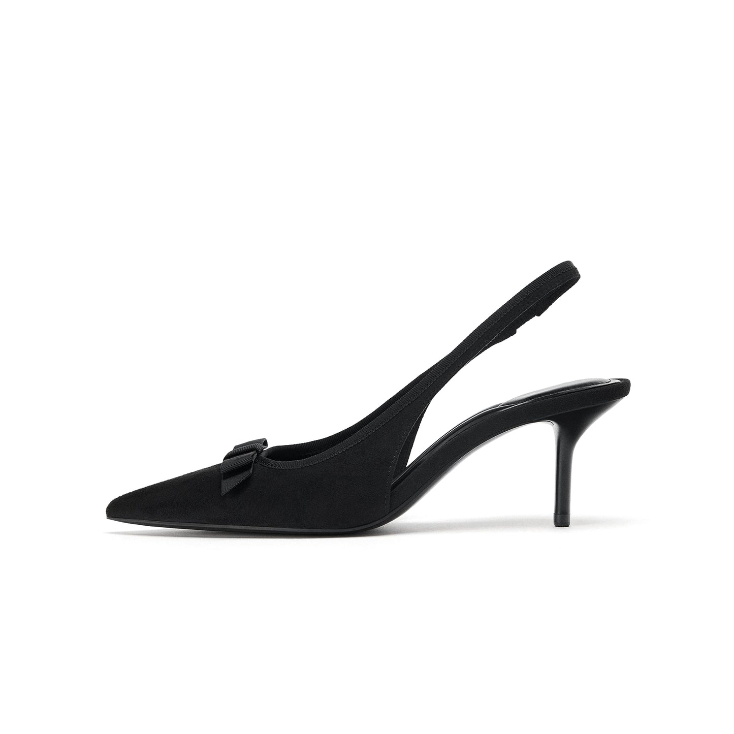Black Faux Suede Pointed-Toe Front Satin Bow Slingback Kitten Heels