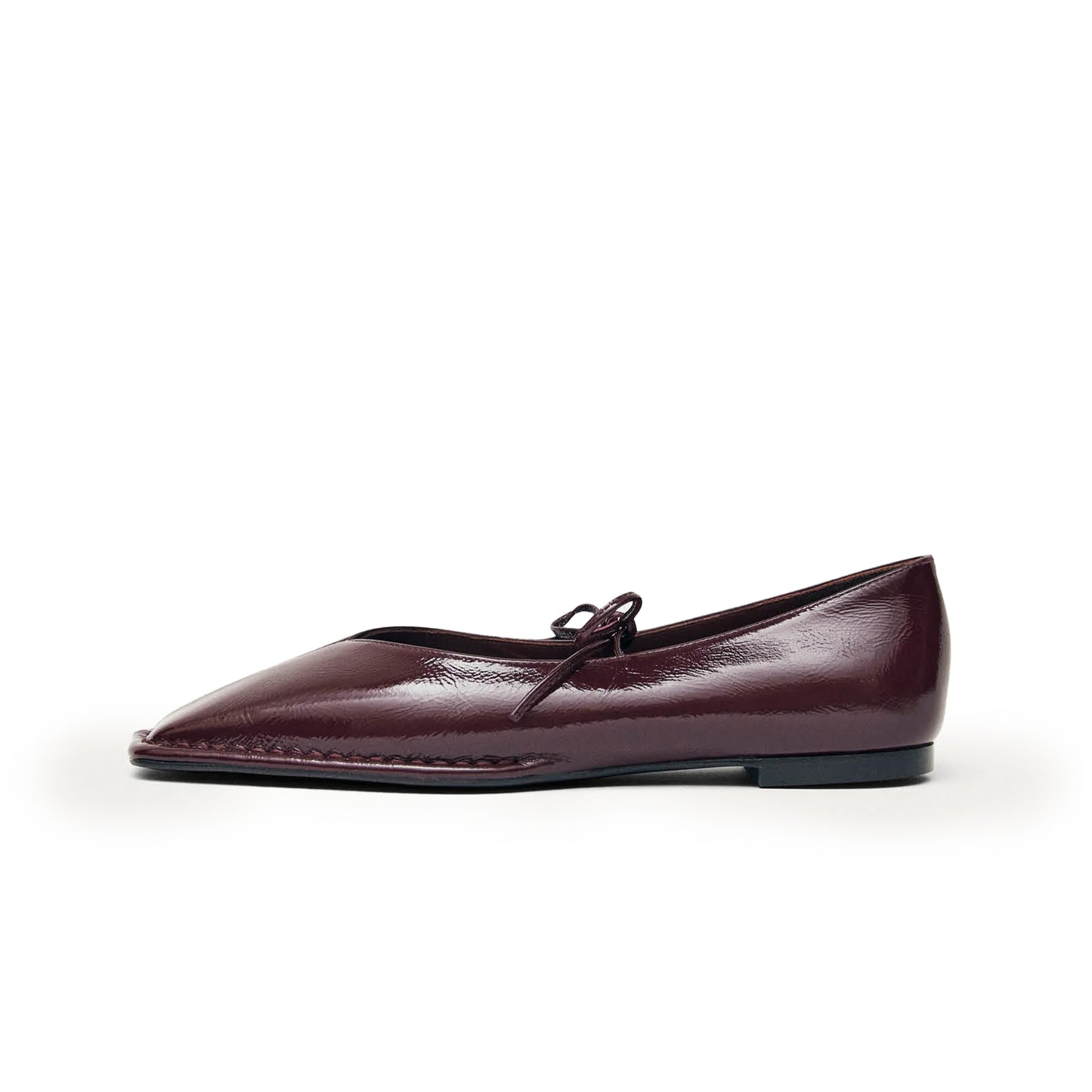 Patent Burgundy Square-Toe V-Cut Vamps Bridge Self-Tie Bow Ballet Flats