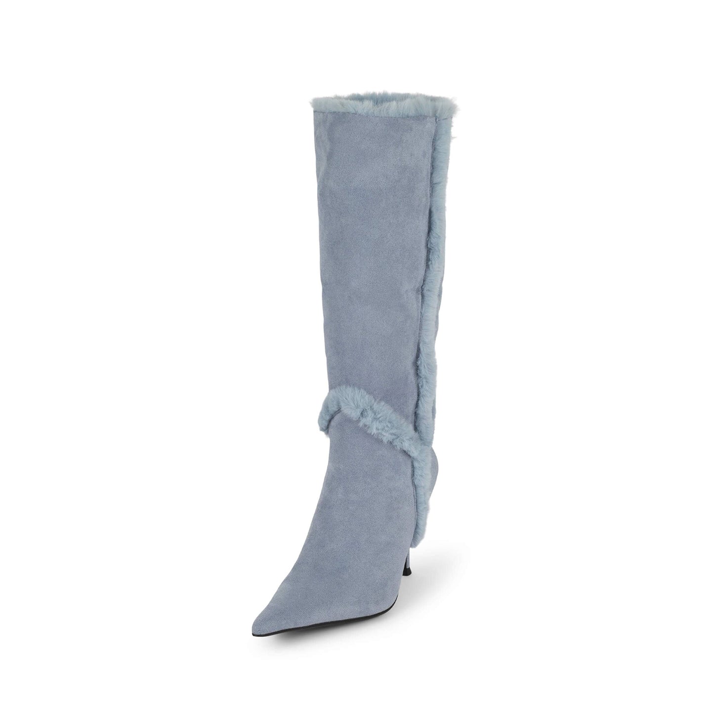 Blue Faux Suede Pointed-Toe Plush Fold-Over Knee High Stiletto Boots