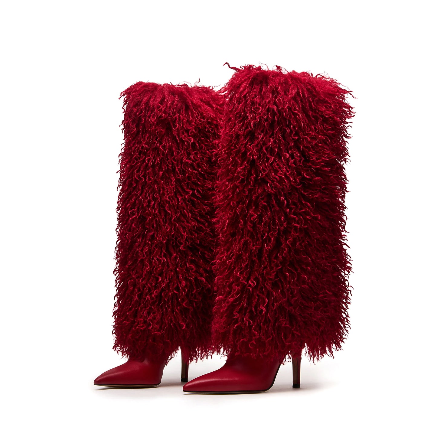 Red Pointed-Toe Full Plush Wide Calf Knee High Stiletto Boots