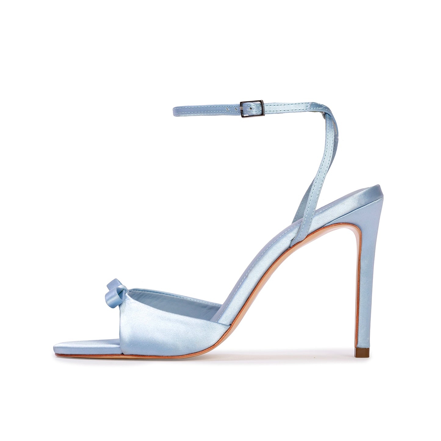 Blue Satin Round-Toe Front Bow Ankle Strap High Stiletto Heels