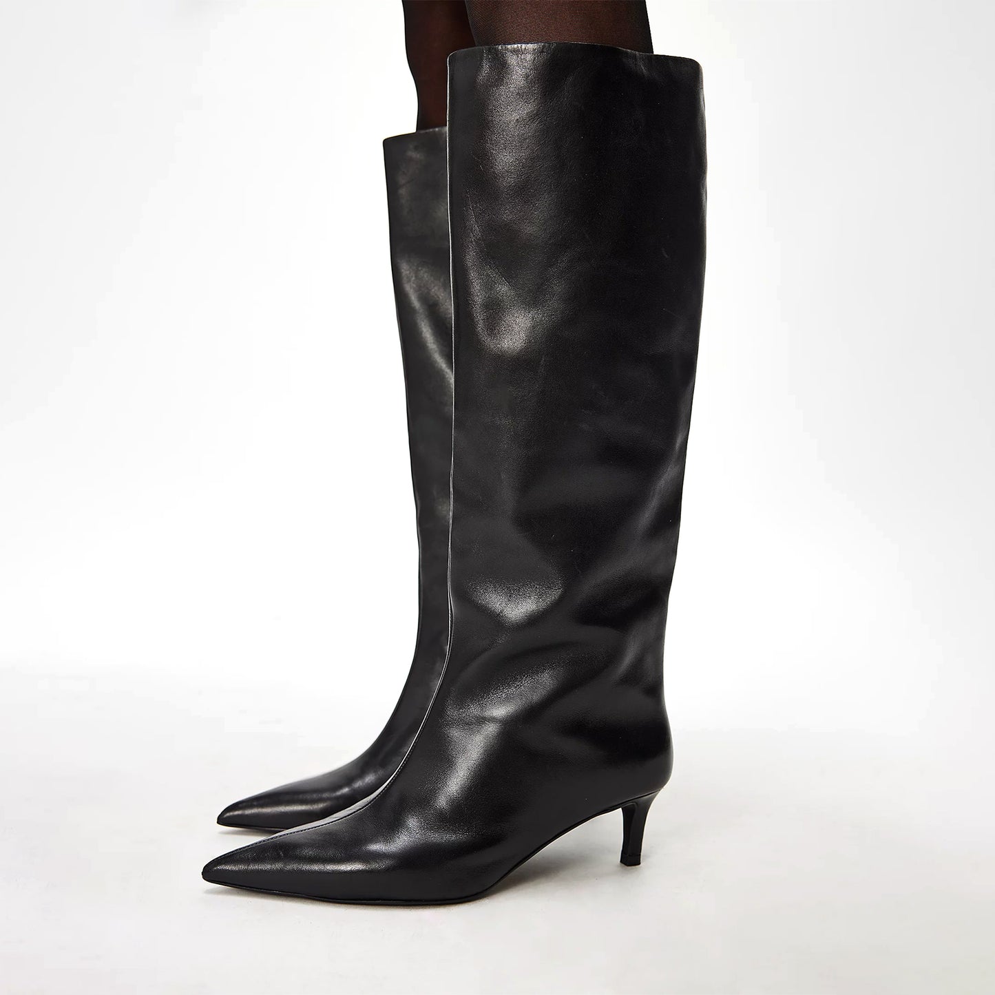 Black Pointed-Toe Wide Calf Knee High Stiletto Boots