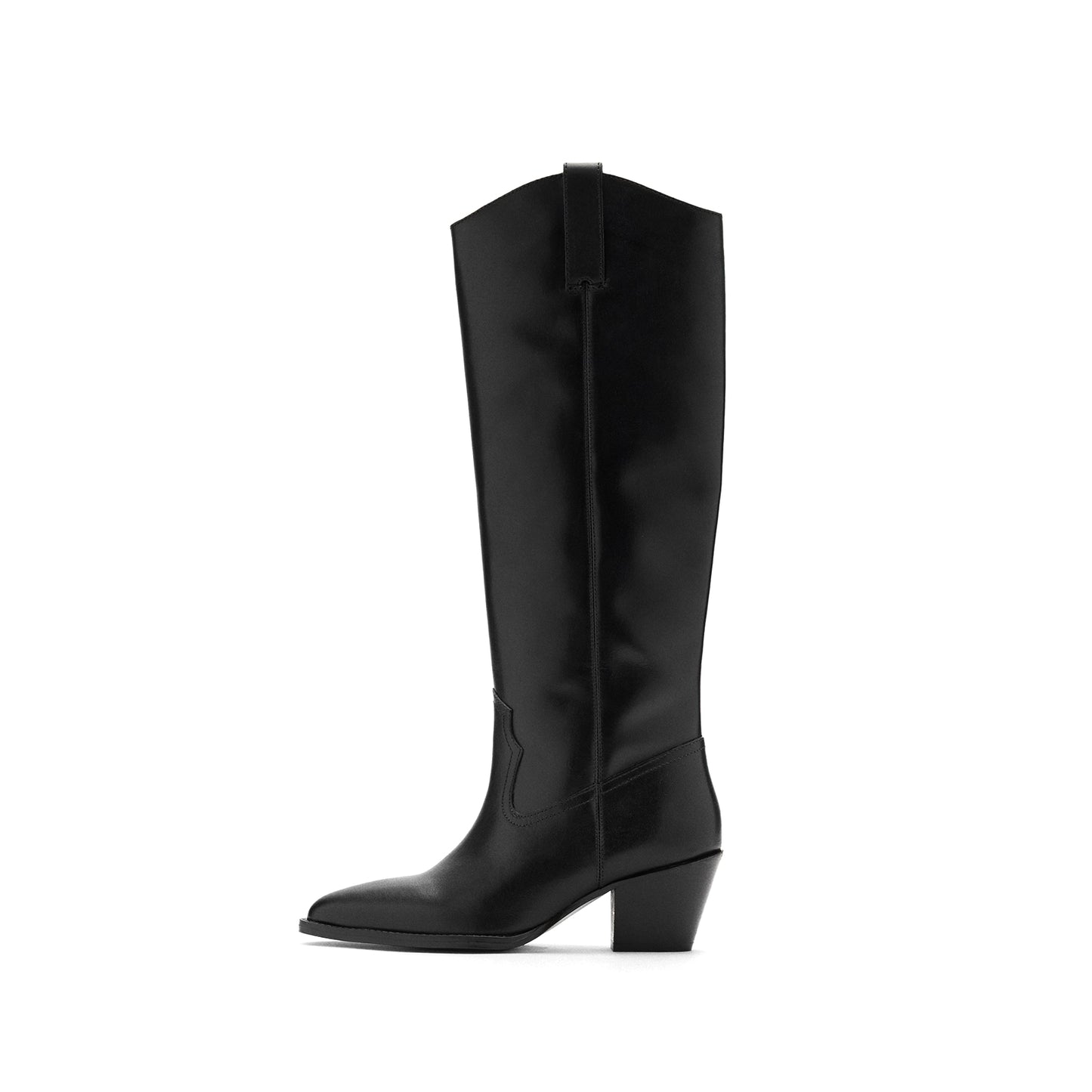Black Vegan Leather Almond-Toe Simple Wide Calf Knee High Cowgirl Boots