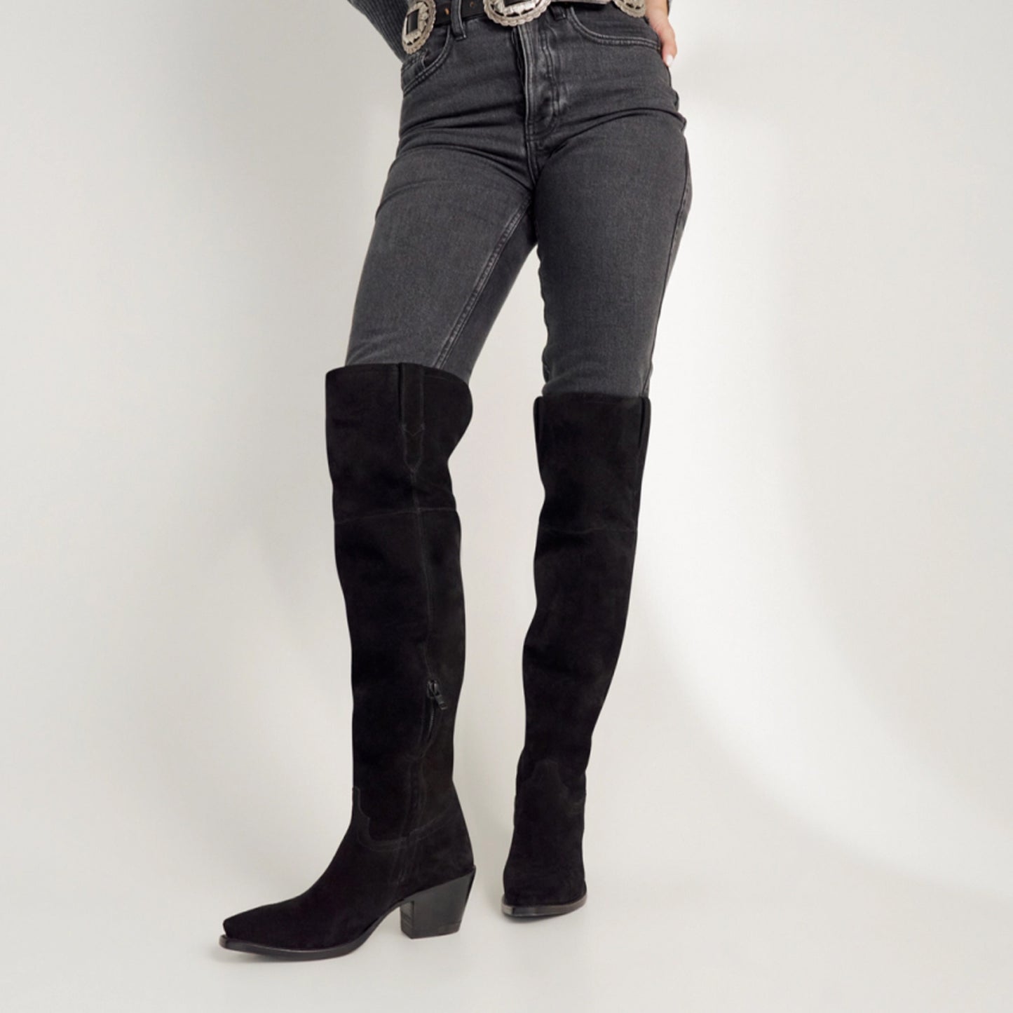 Black Faux Suede Snip-Toe Half-Zip Over-The-Knee Cowgirl Boots