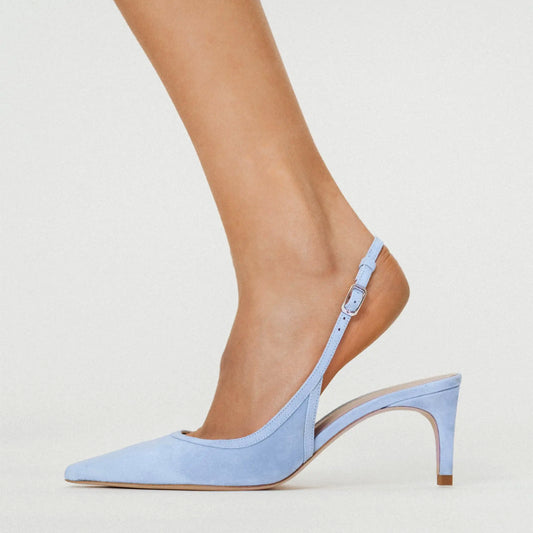 Blue Faux Suede Pointed-Toe Slingback Kitten Heels