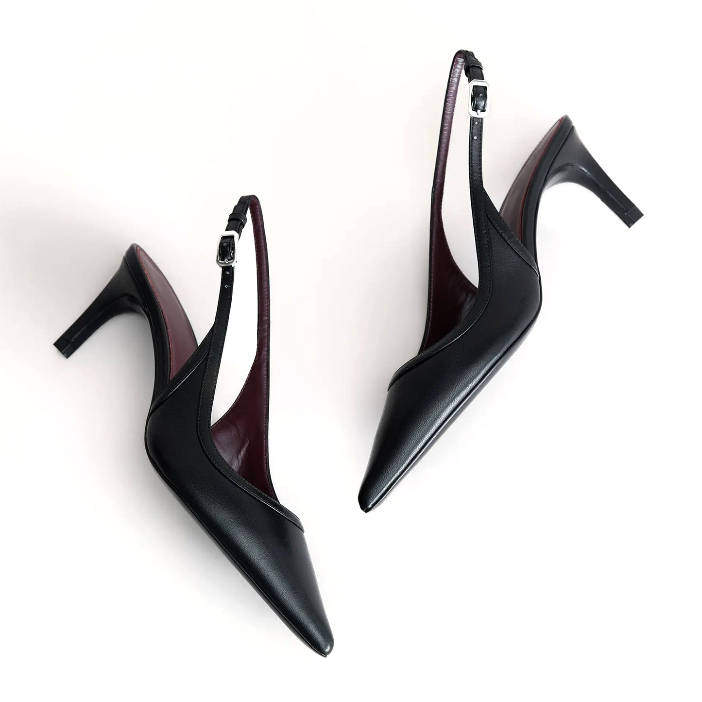 Black Vegan Leather Pointed-Toe Slingback Kitten Heels