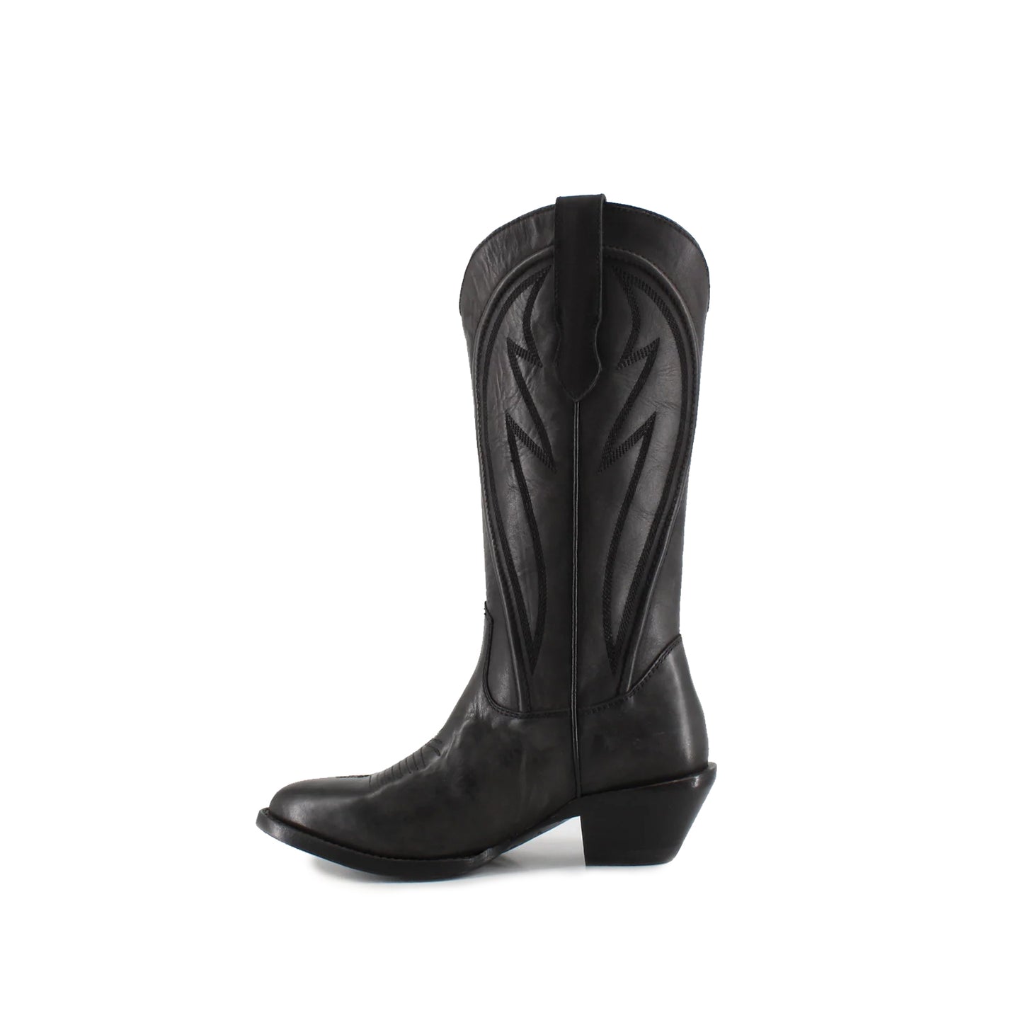 Black Almond-Toe Mid Calf Simple Embroidery Cowgirl Boots
