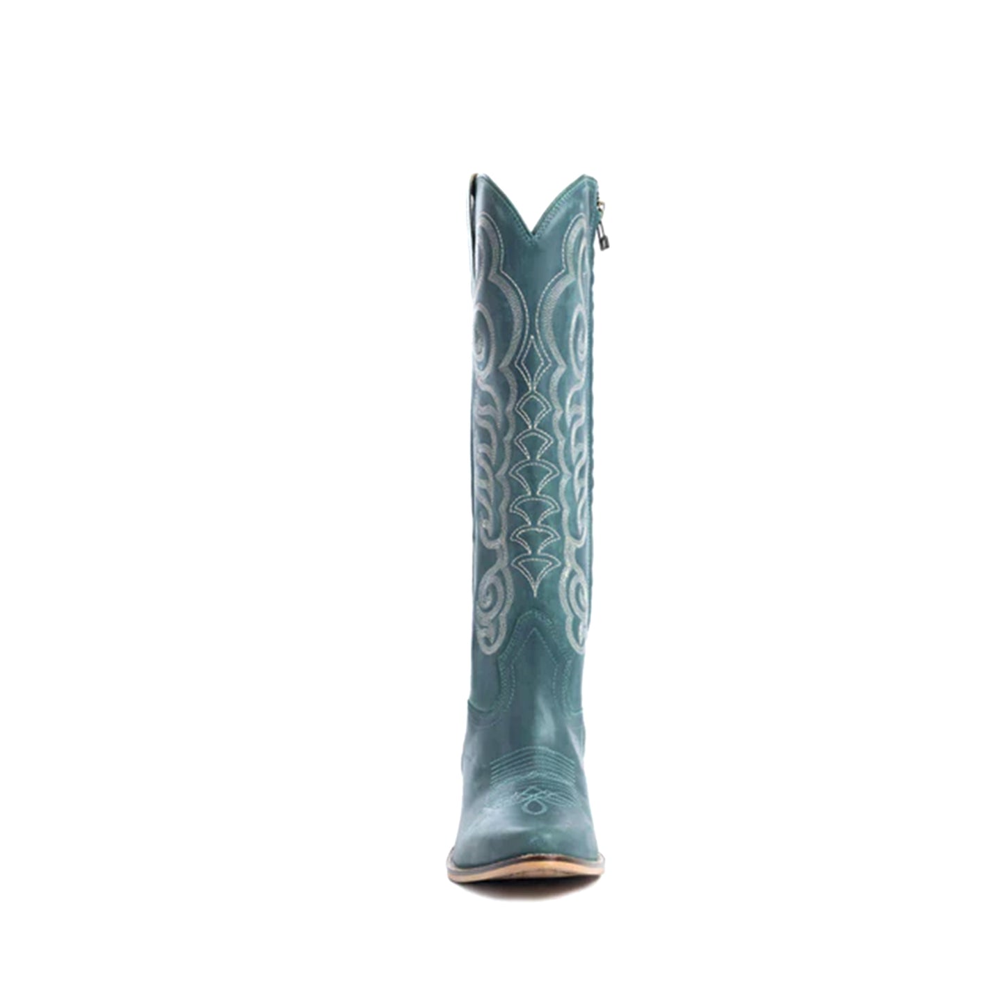 Turquoise Almond-Toe Curled Embroidery Full-Zip Knee High Cowgirl Boots