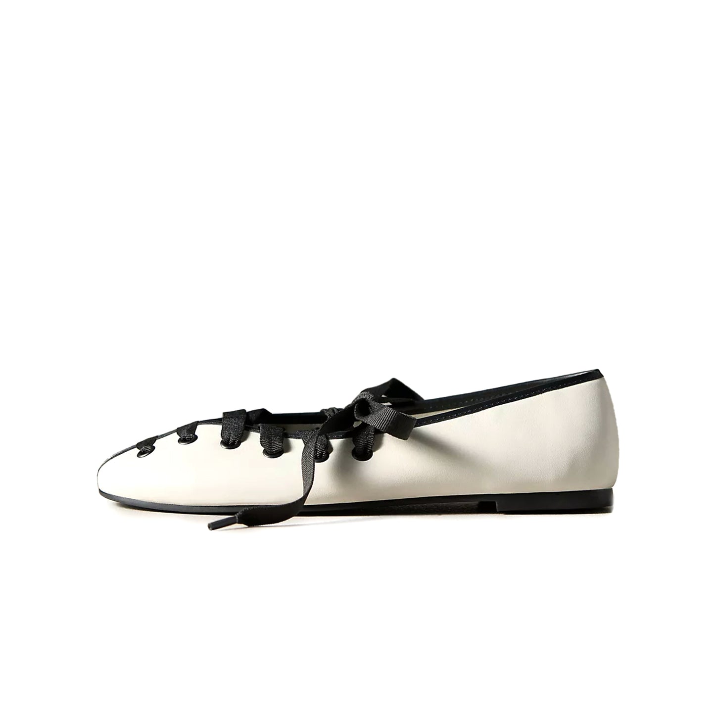 White Round-Toe Black Lace-Up Ballet Flats
