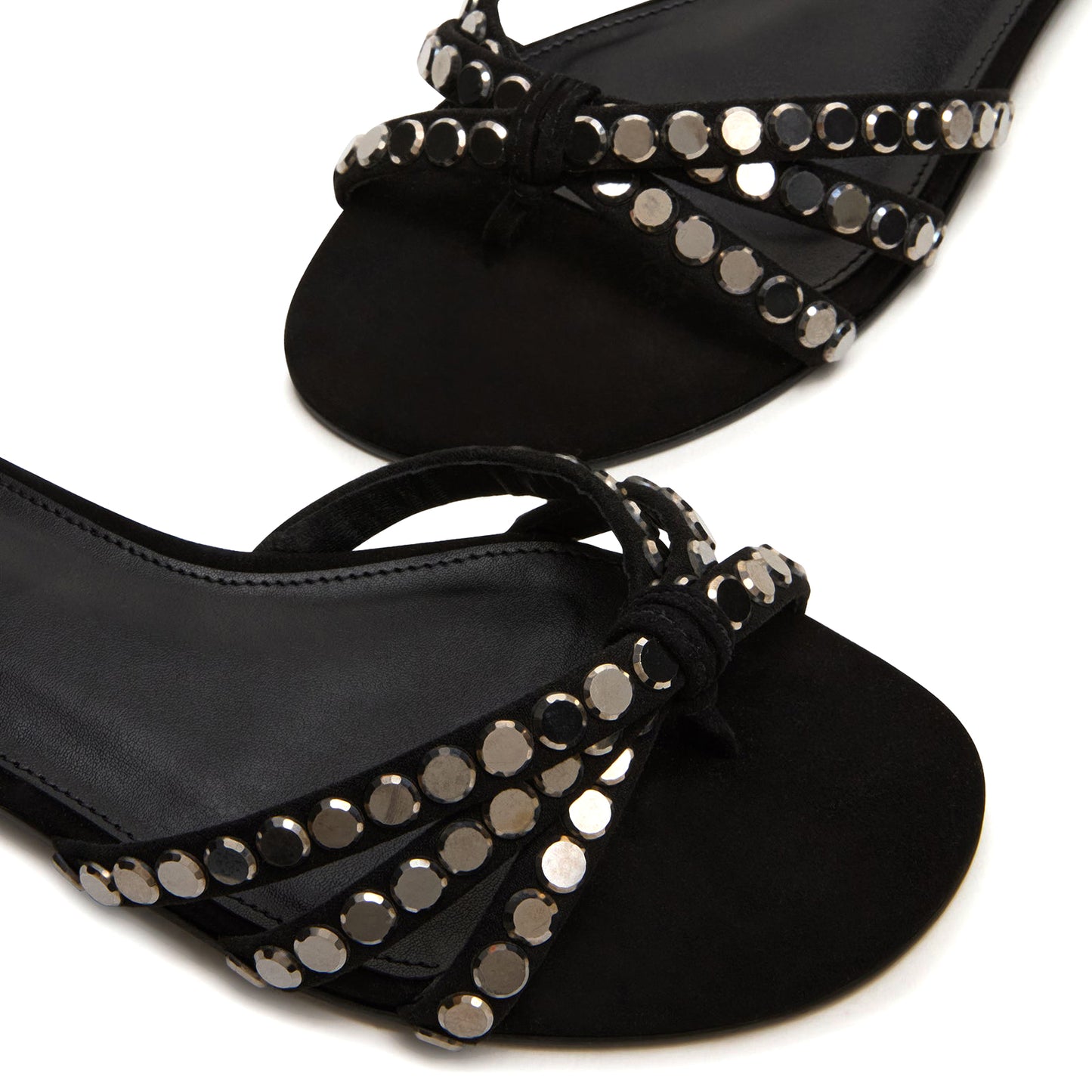 Black Faux Suede Square-Toe Front Strappy With Rhinestones Backless Flats