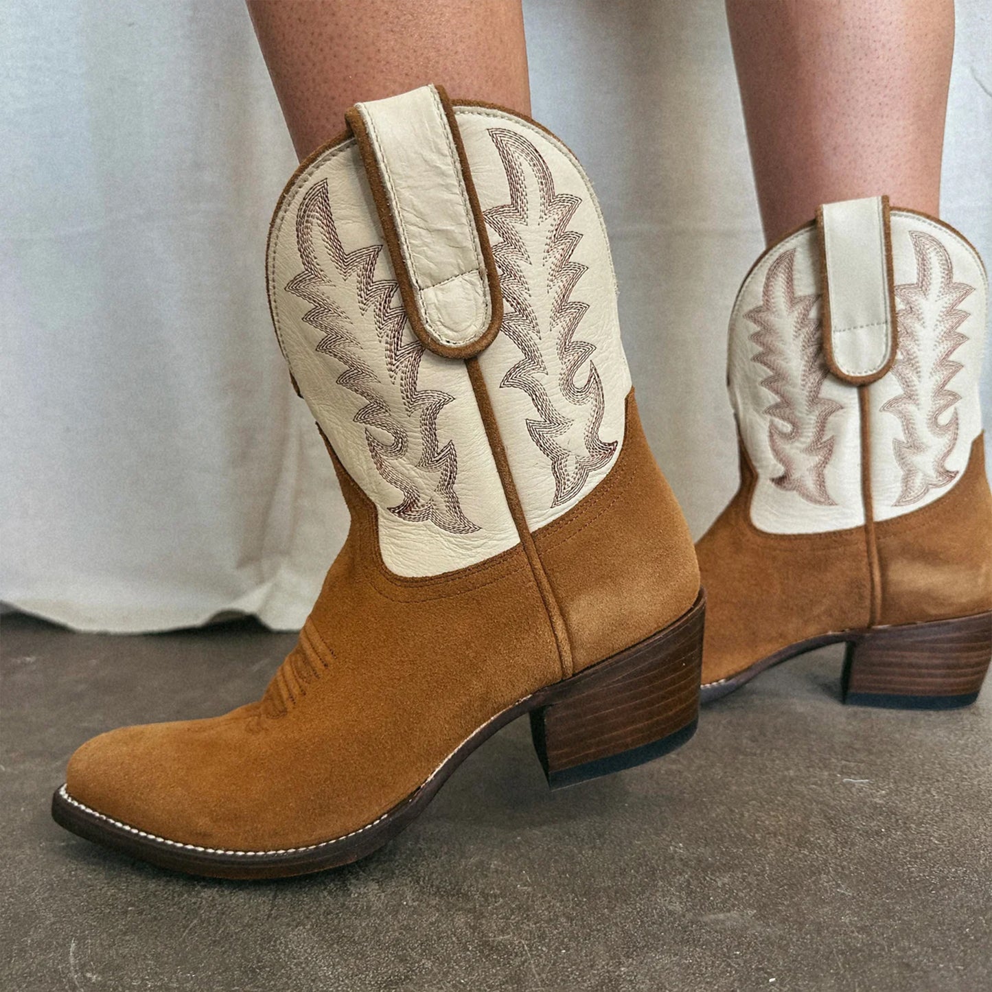 Contrast White And Brown Faux Suede Almond-Toe Embroidery Ankle Cowgirl Boots