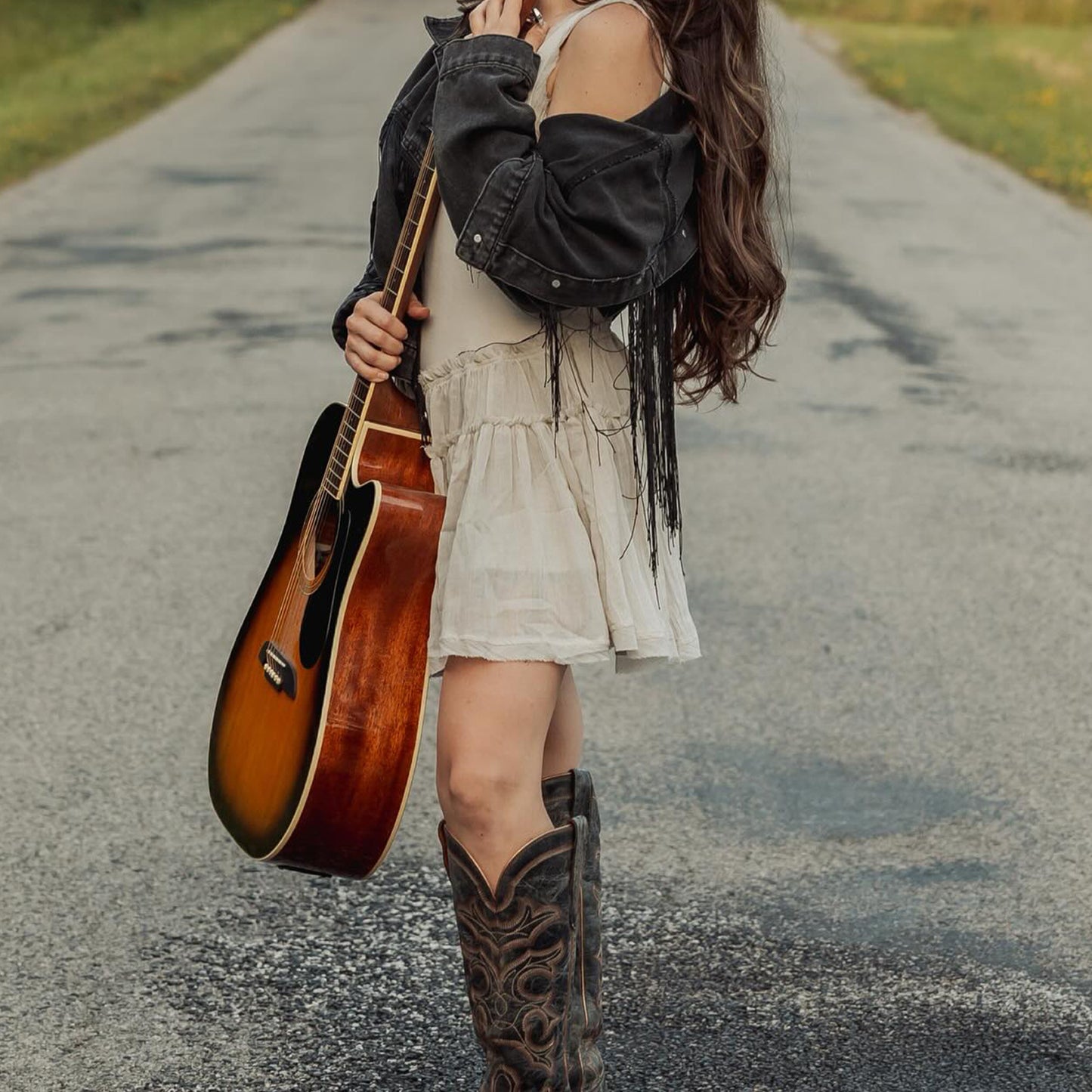 Distressed Black Snip-Toe Wide Calf Embroidery Knee High Cowgirl Boots