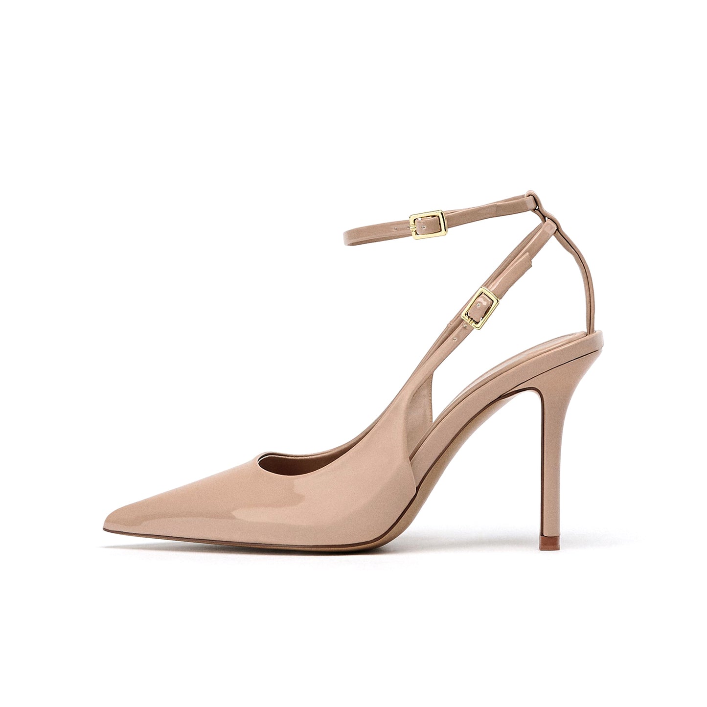 Patent Beige Pointed-Toe Ankle Strap Slingback High Heels