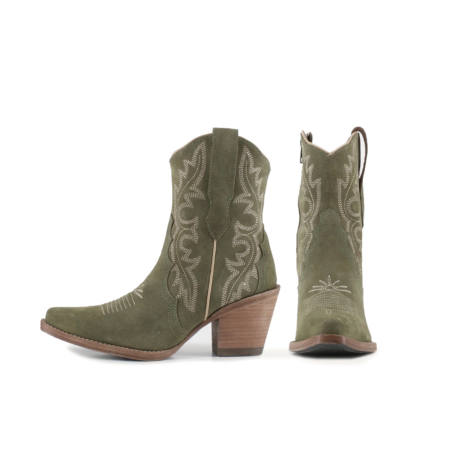 Olive Green Faux Suede Snip-Toe Embroidery Ankle Cowgirl Boots