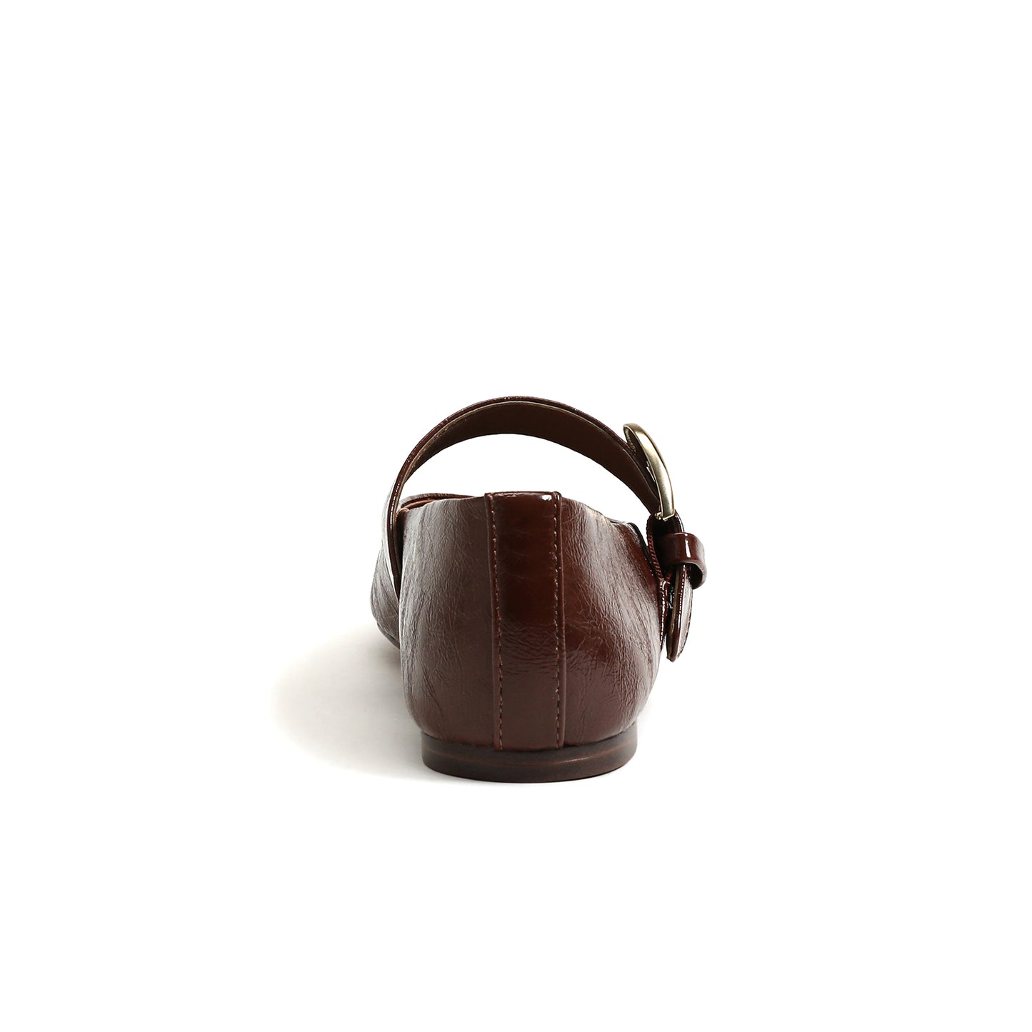 Dark Brown Vegan Leather Square-Toe Buckle Bridge Strap Ballet Flats