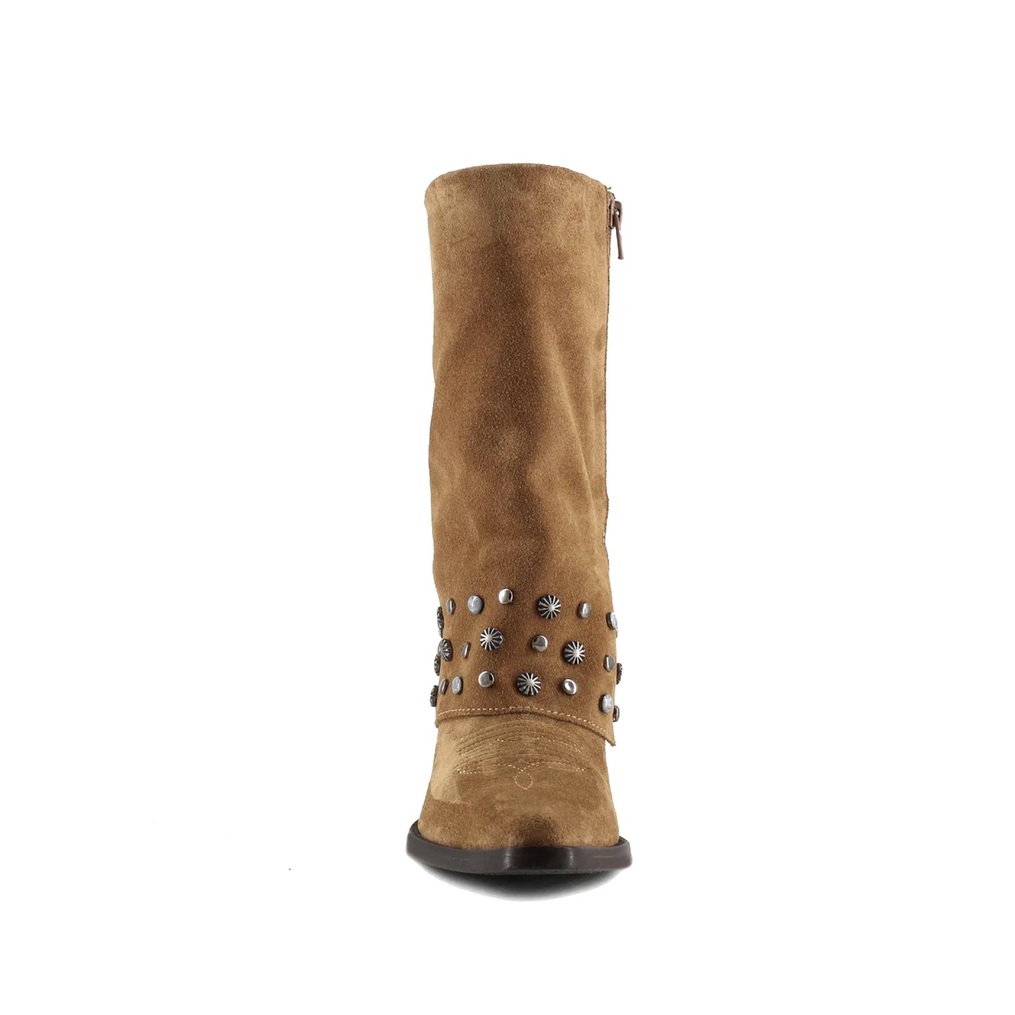 Brown Faux Suede Snip-Toe Studded Fold-Over Full-Zip Mid Calf Cowgirl Boots